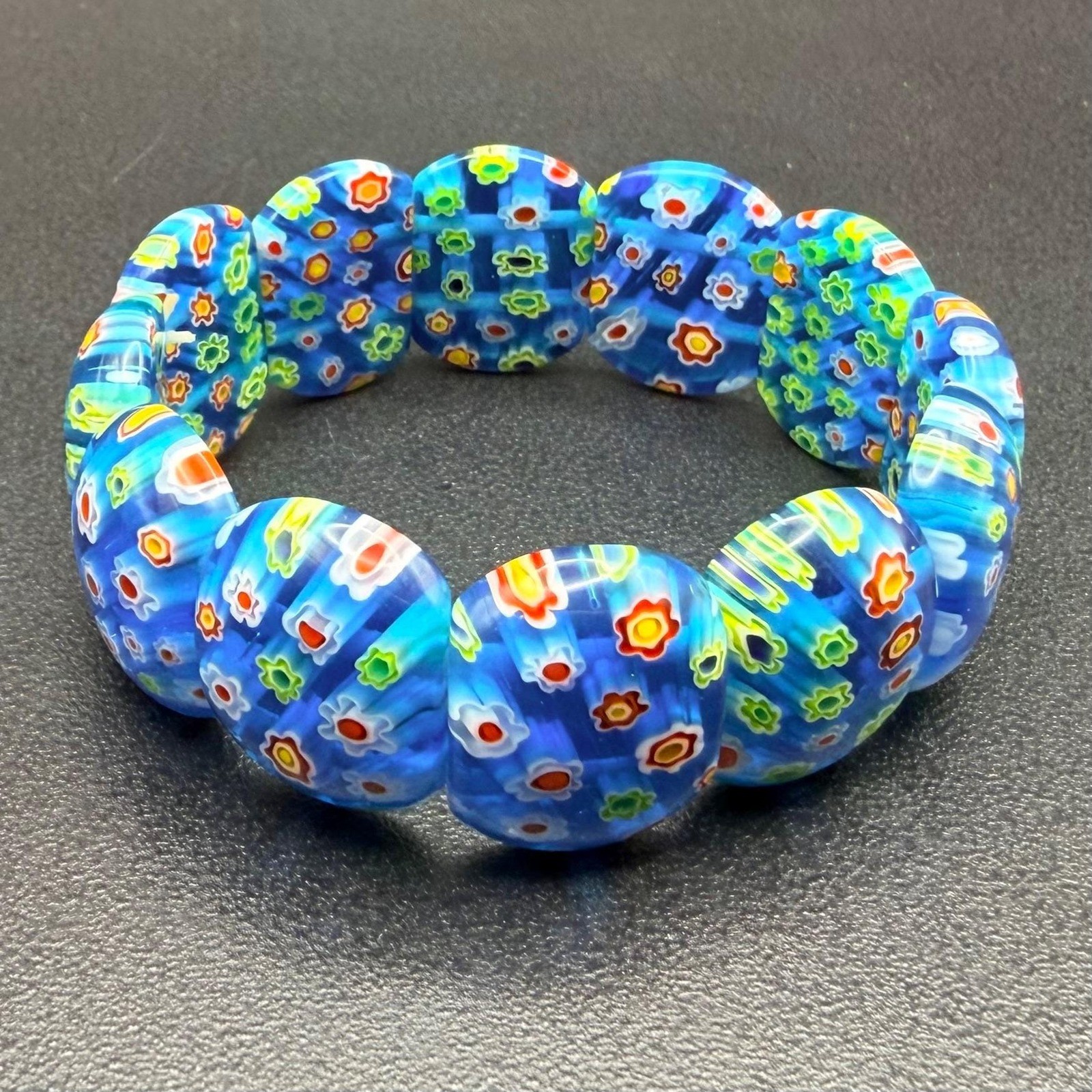 Millefiori Glass Stretch Bracelet Blue Floral Beads Vivid Colors 7″ Caned Glass