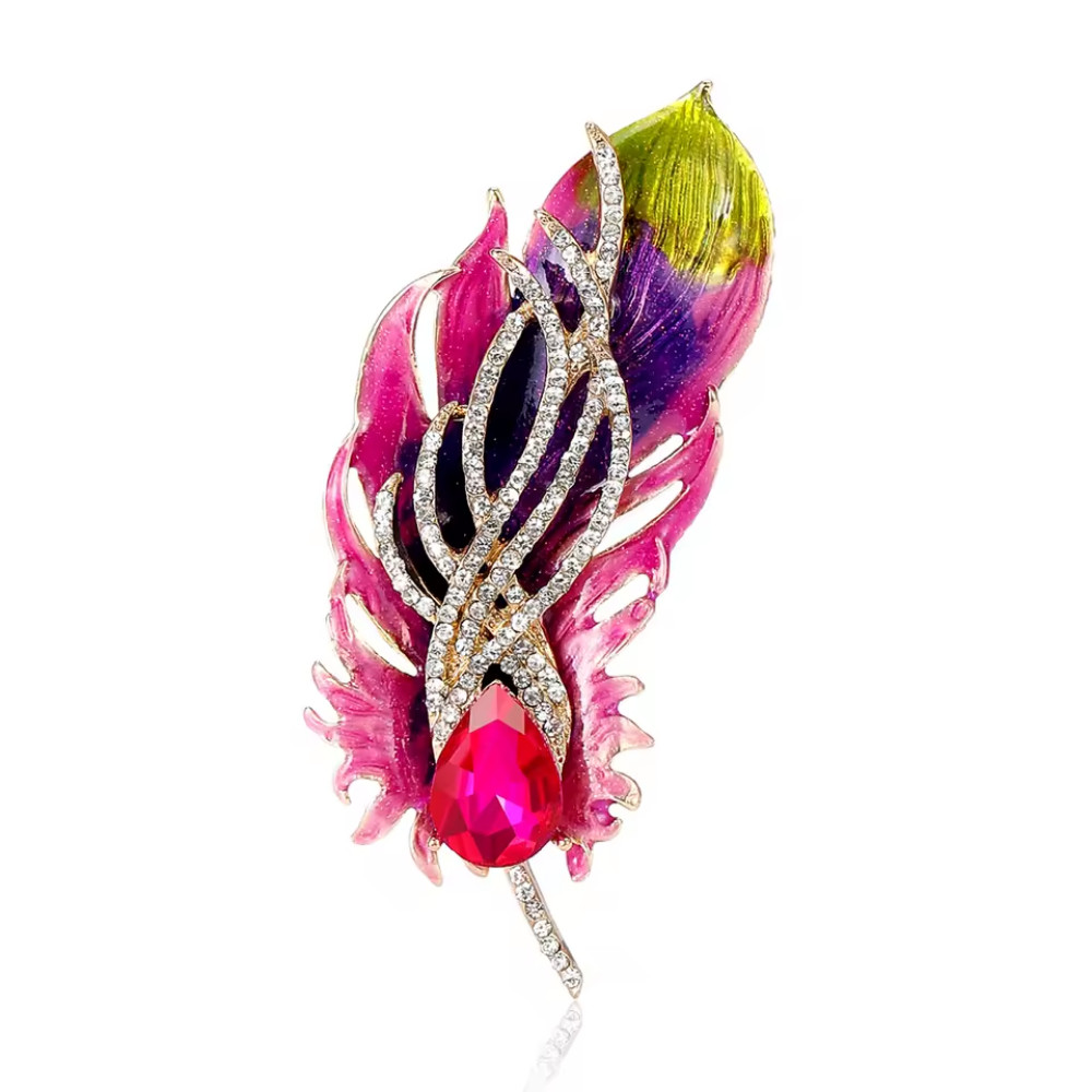 Mardi Gras Feather Brooch Pin Purple Green Gold Crystal Rhinestone Jewelry Gift