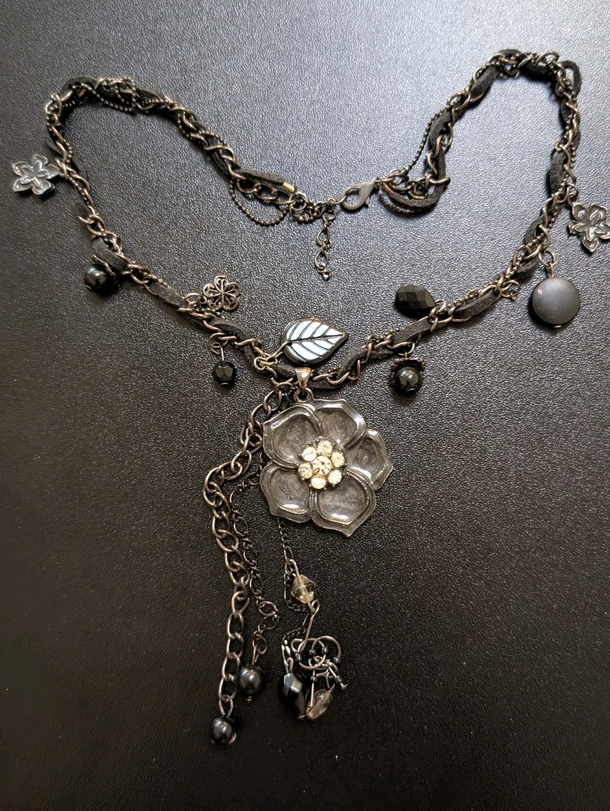 Multi Strand Flower Necklace Black Suede Rhinestone Choker Pendant, Whimsigoth
