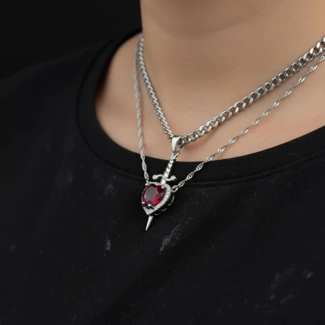 2Ct Heart Lab Created Ruby Valentine Only Dagger Pendant 14K White Gold Plated