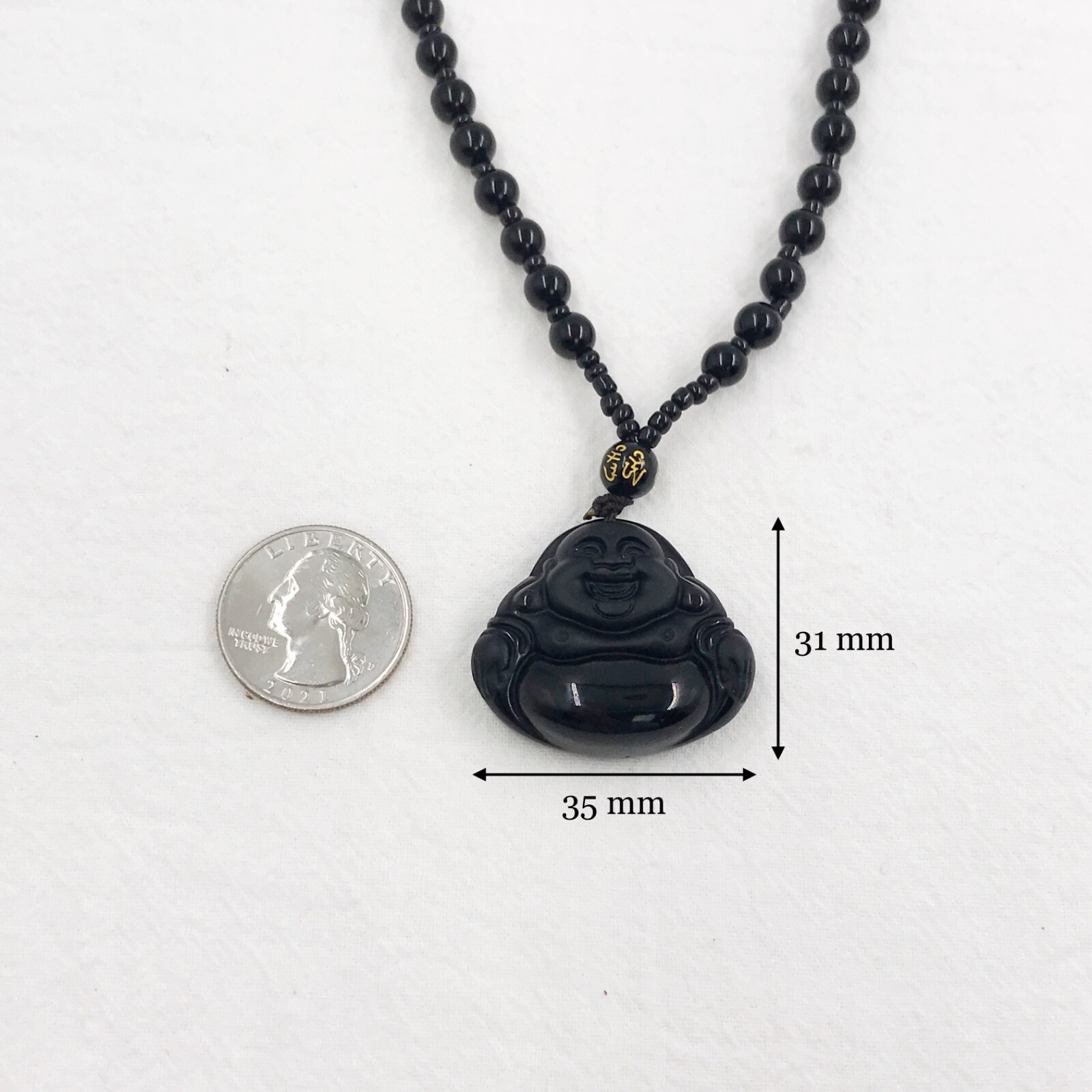 Natural obsidian laugh buddha Amulet crystal necklace with adjustable bead chain