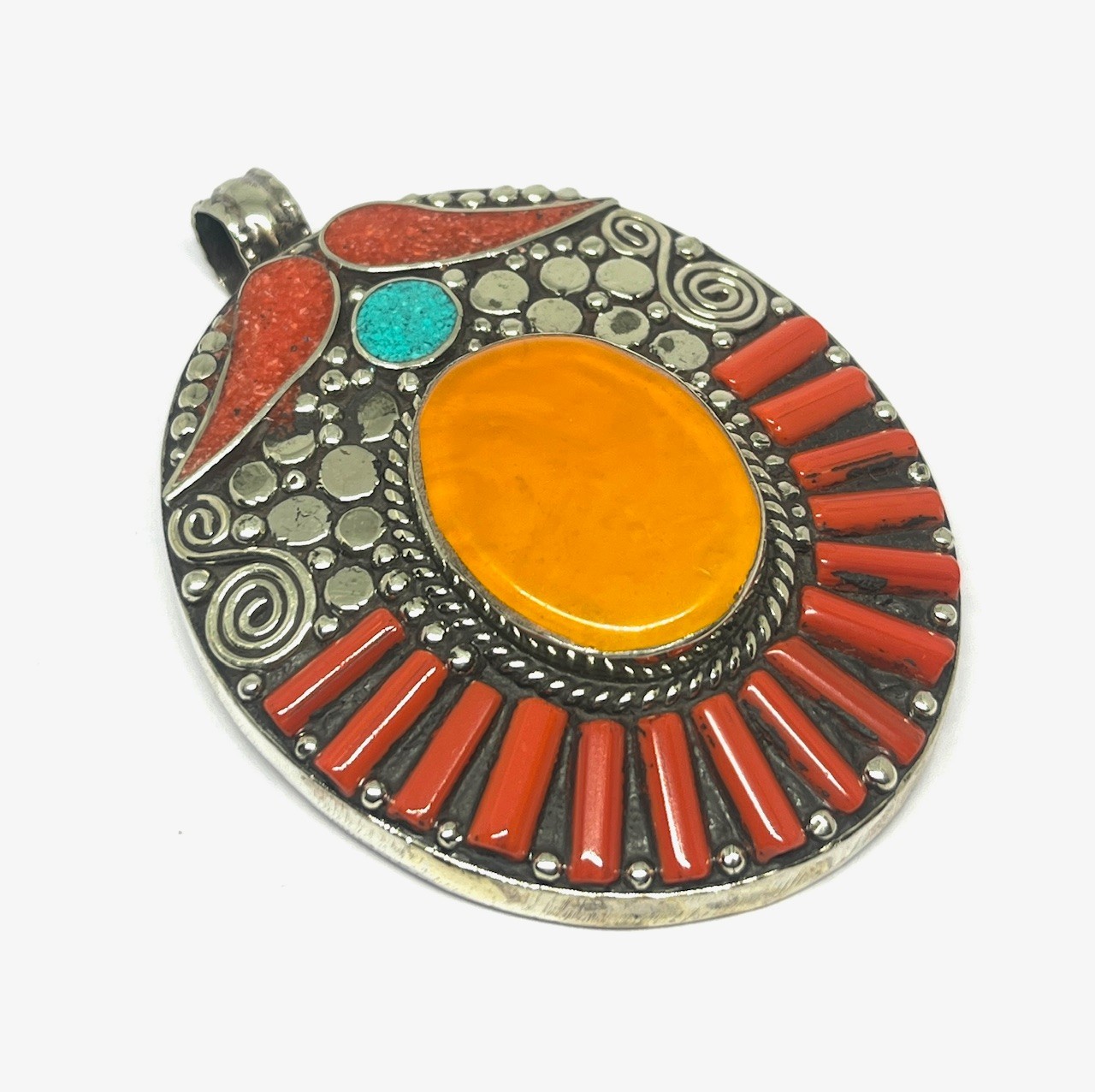 Art Deco Amber Coral Gemstone Tibetan Style Boho Pendant Jewelry, 2.8 inch