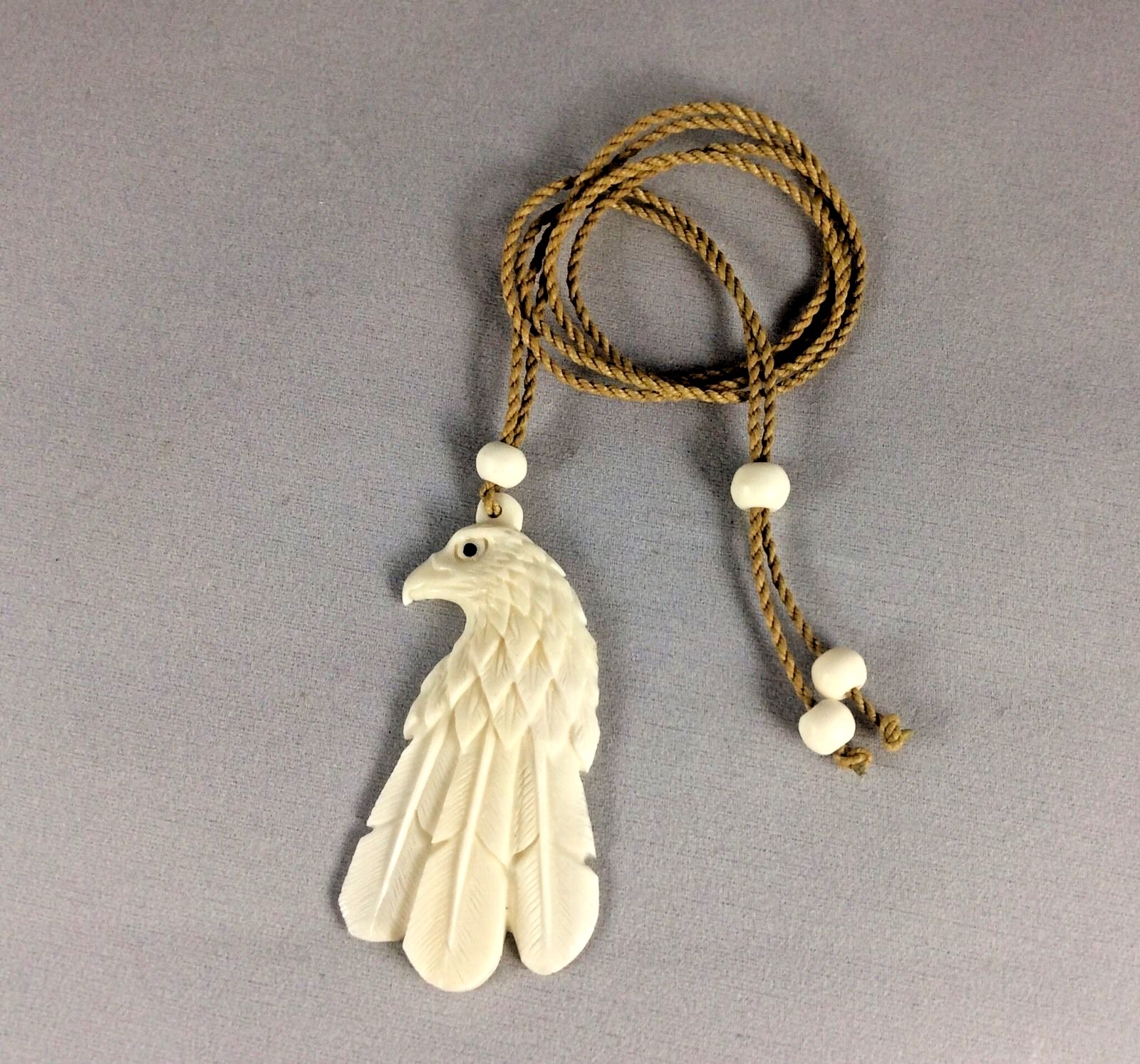Bald Eagle Head Necklace Carved From Buffalo Bone 2″long With Adjustable cord30″