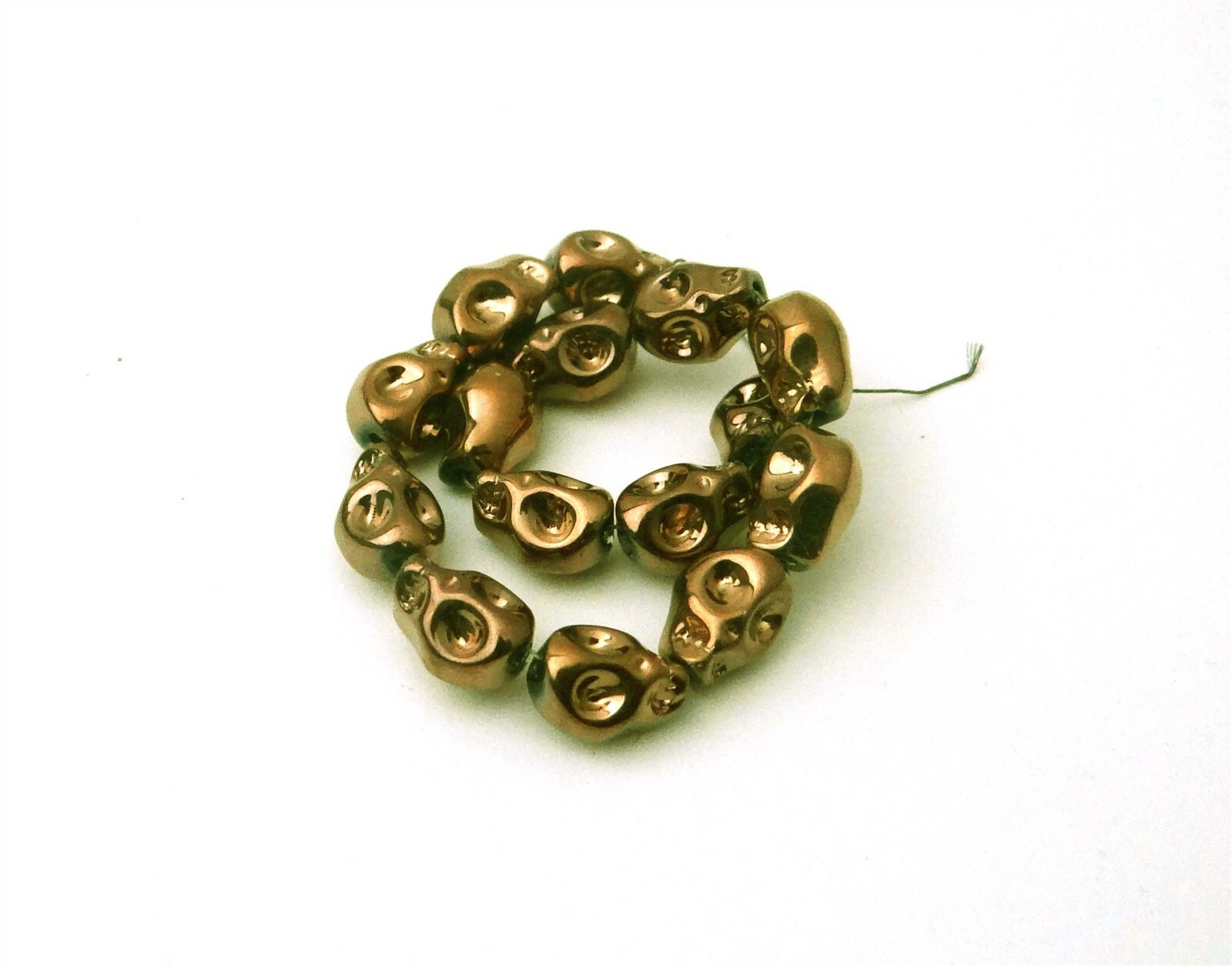 10mm Tiny Glass Metallic Coated Skull Beads Halloween 15pc Antique Gold Brownish