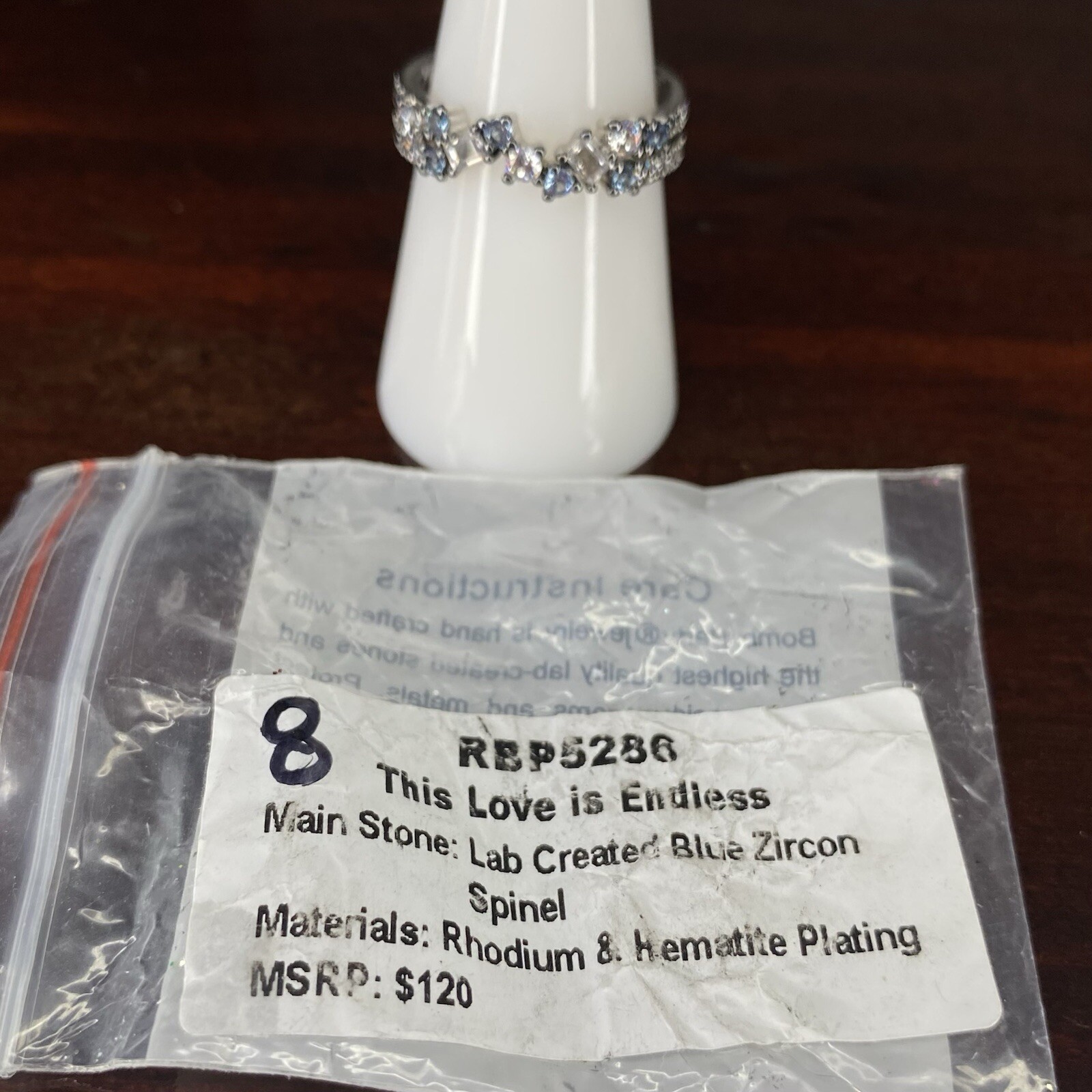 Bomb Party Ring- 5286- Lab Created Blue Spinel- Size 8- Rhodium/Hematite Plated