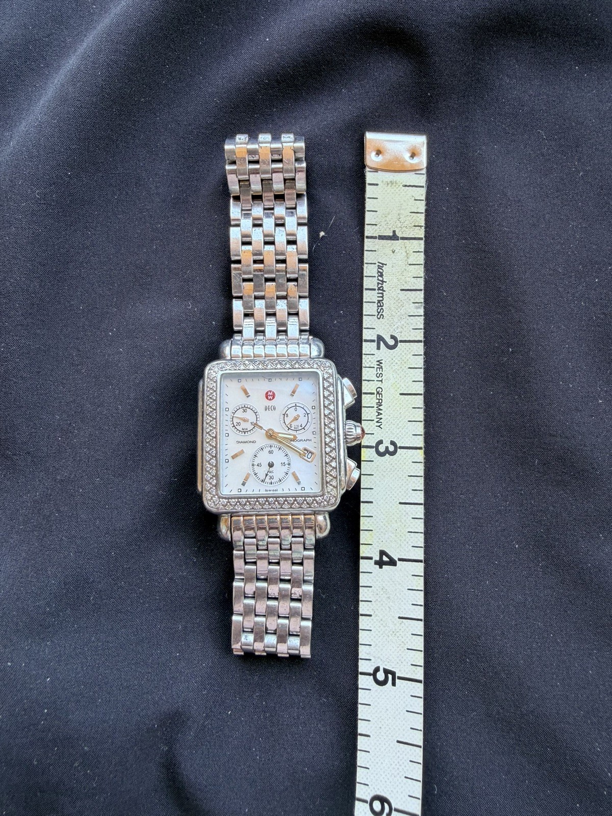 MICHELE Deco 33mm Diamond Bezel Chronograph Quartz Date Silver Bracelet
