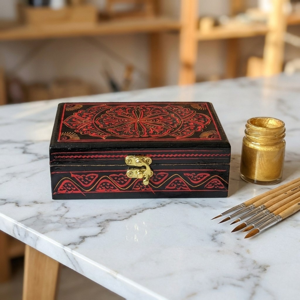 Handcrafted Wooden Gift Box with Exquisite Lacquer Artwork