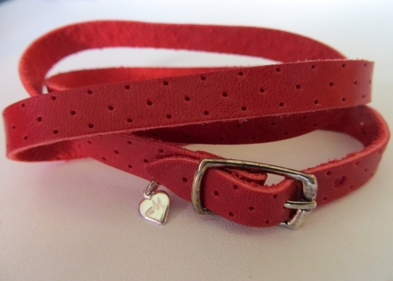 Red Leather Wrap Around Bracelet with 925 Silver Buckle with Hanging Heart