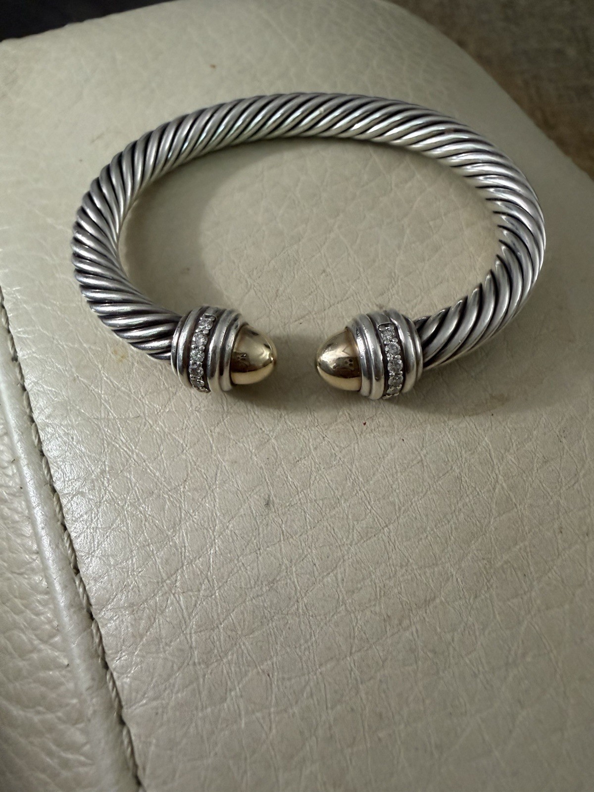 David Yurman Sterling Silver 18K Gold Diamond Cuff Bracelet 7 mm. Cable Classic