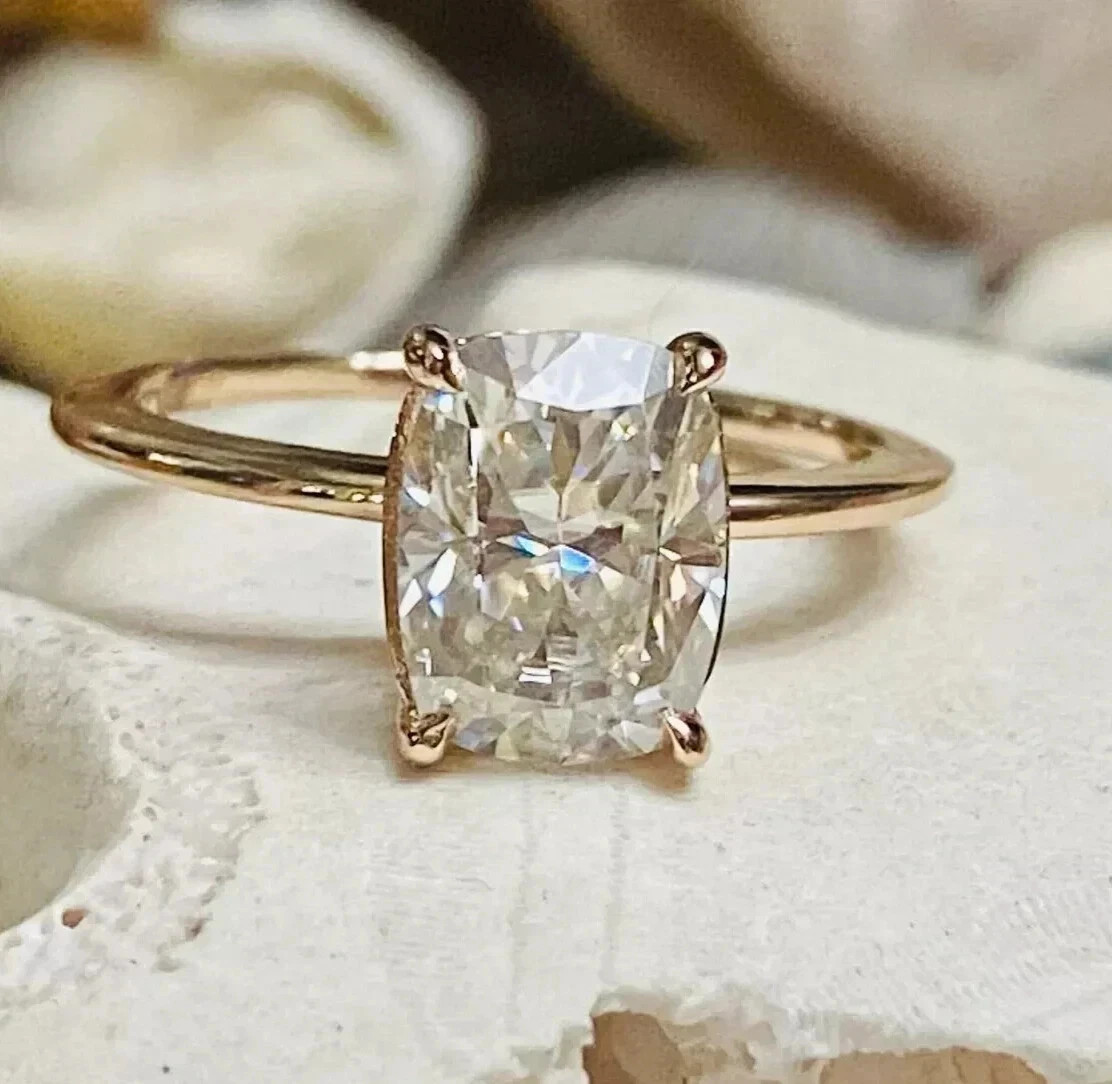 4.20Ct Cushion Cut White Moissanite Prong Engagement Ring 14K Yellow Gold Plated