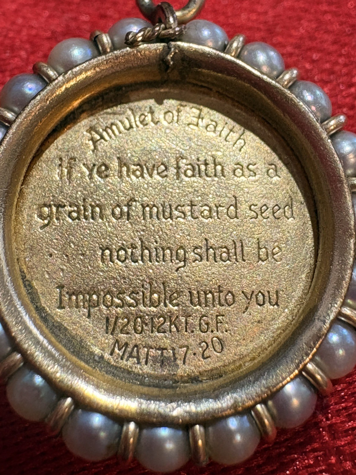Vintage 12k yellow gold and pearl Mustard Seed Amulet of Faith Matthew 17:20