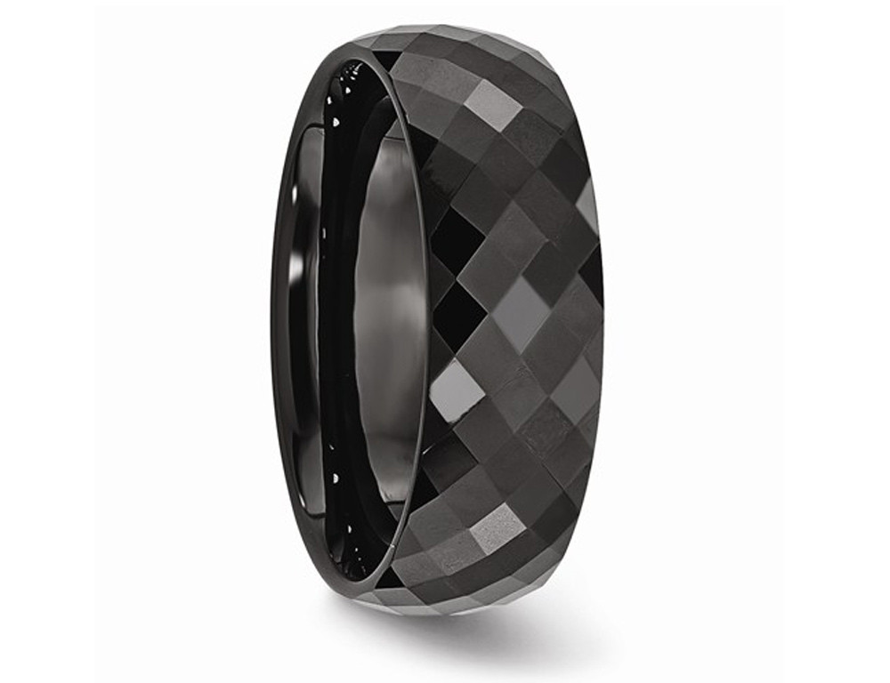 Mens 8mm Faceted Black Ceramic Wedding Band Ring