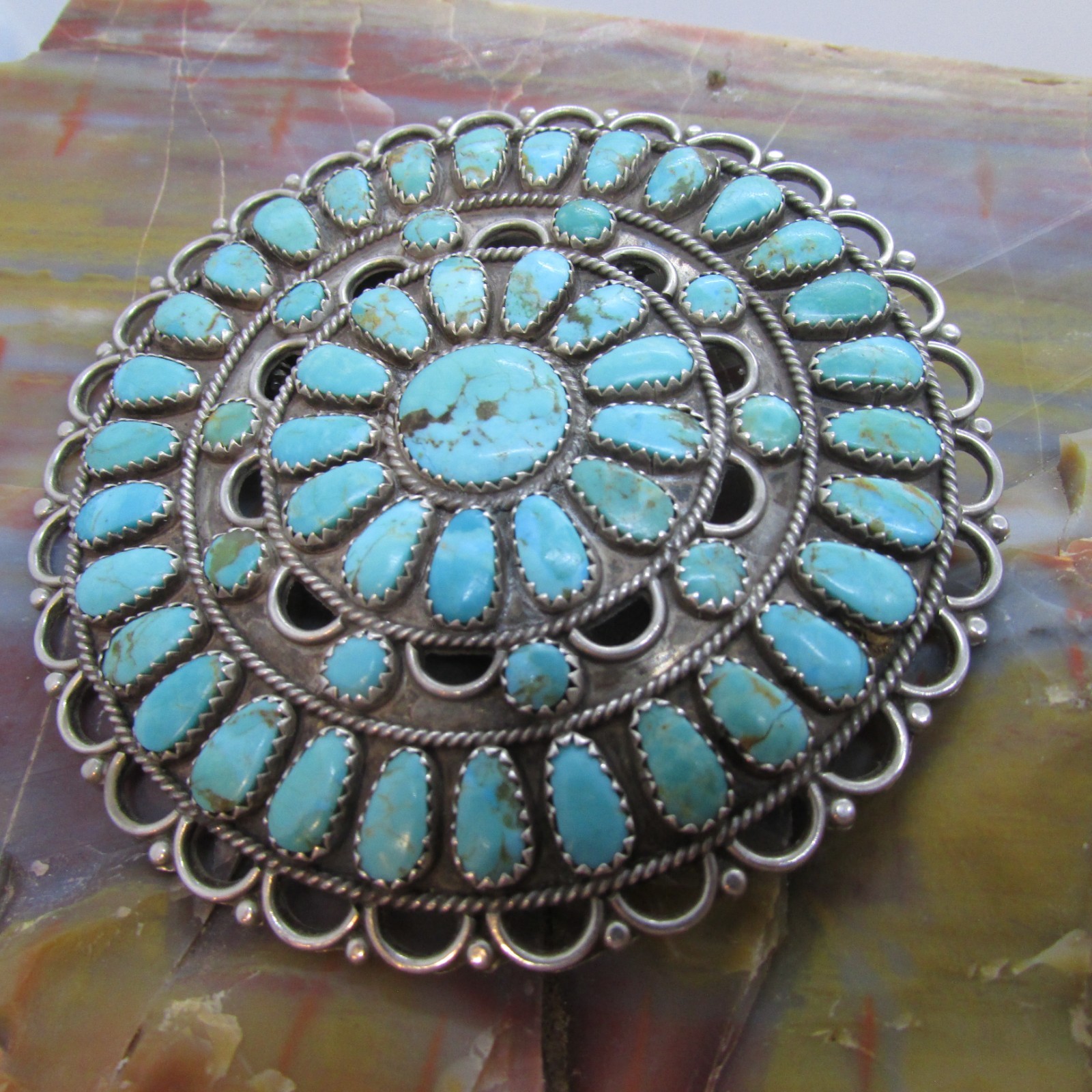 VINTAGE SOUTHWEST N A LMB HUGE TURQUOISE PENDANT OR BROOCH SIGNED