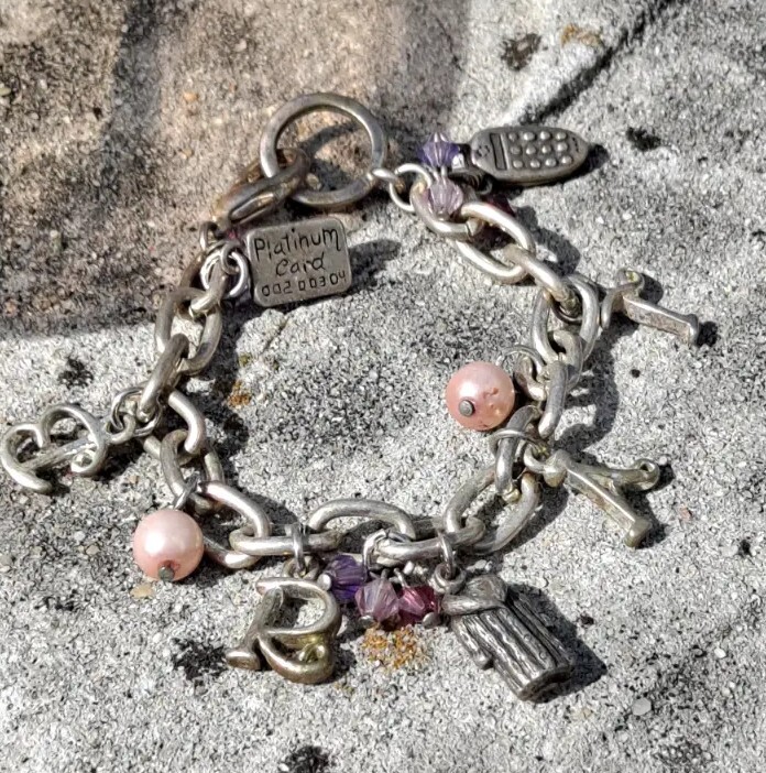 Charm Bracelet Shopping BRAT Platinum Fur Coat Costume Bracelet Vtg Silver tone