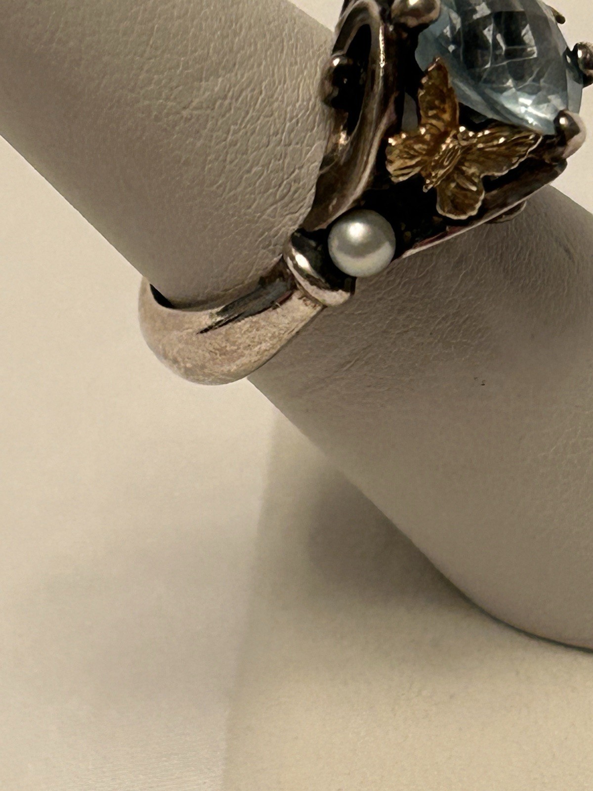 Ann King 925 Sterling Silver 18K Gold Blue Topaz Pearl Butterfly Ring Sz 6