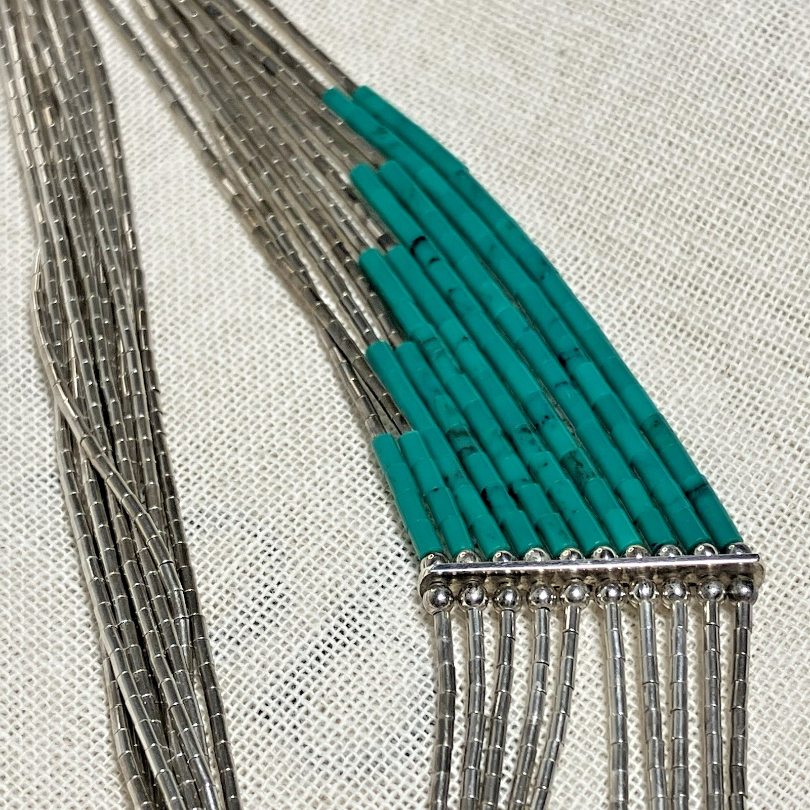 Vintage 10-Strand Liquid 925 Silver & beads with Turquoise heishi Necklace 12.5″