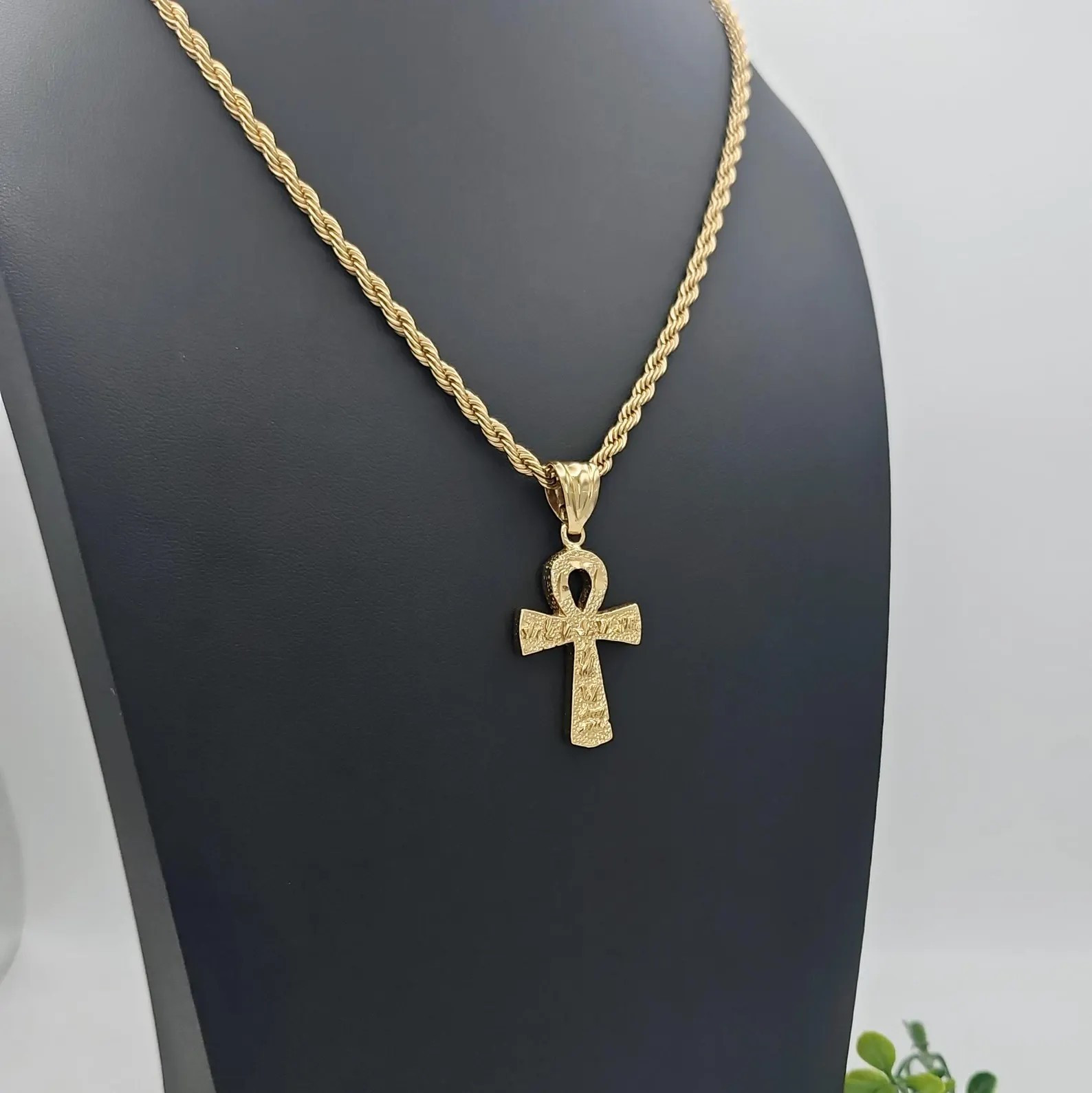 Gold Ankh Necklace for Men, Large Textured Ankh Cross Pendant, 4mm French Rope