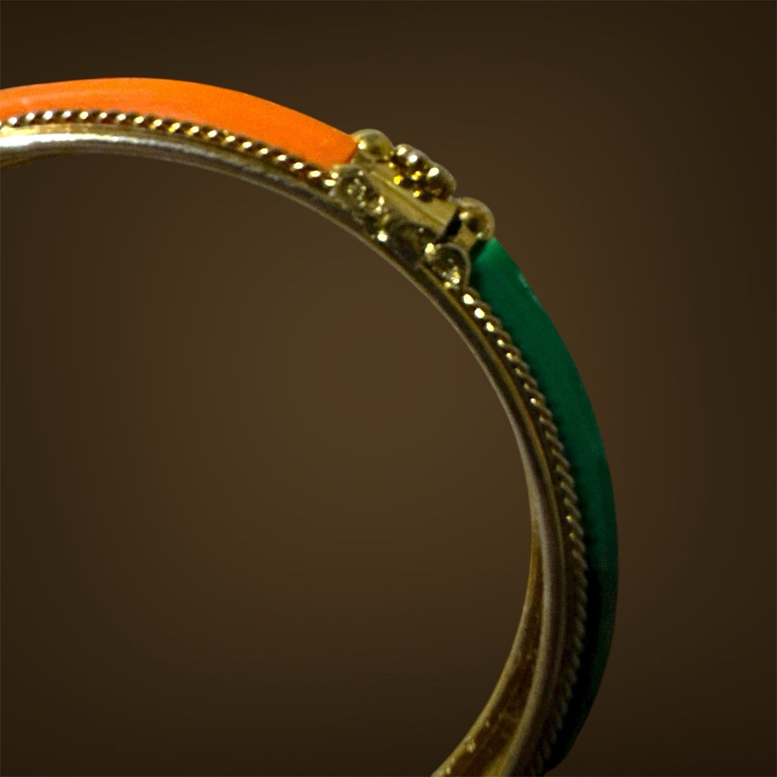 Vintage Jaipur Resin Inlay Bangle Gold Tone Carnelian Orange & Jade Green