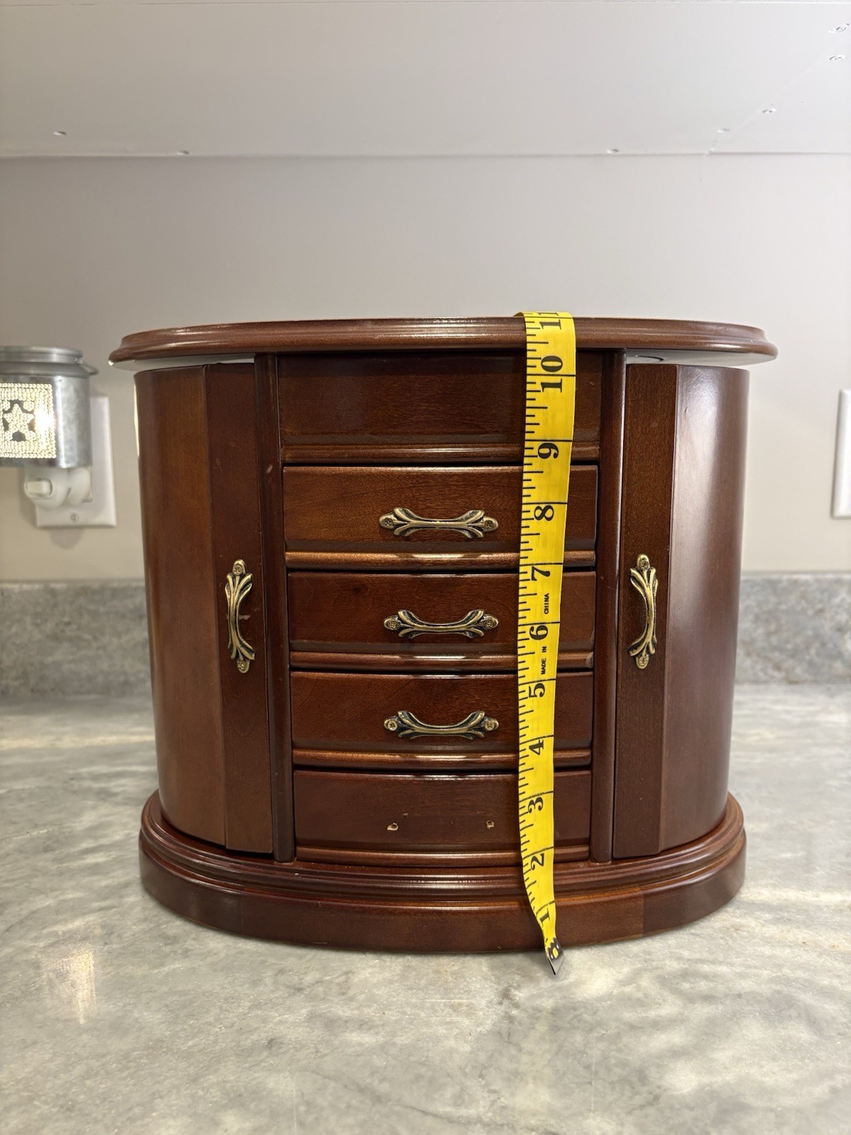 Mele and Co Heloise Oval Wooden Jewelry Box Armoire Walnut Finish Lined Mirror