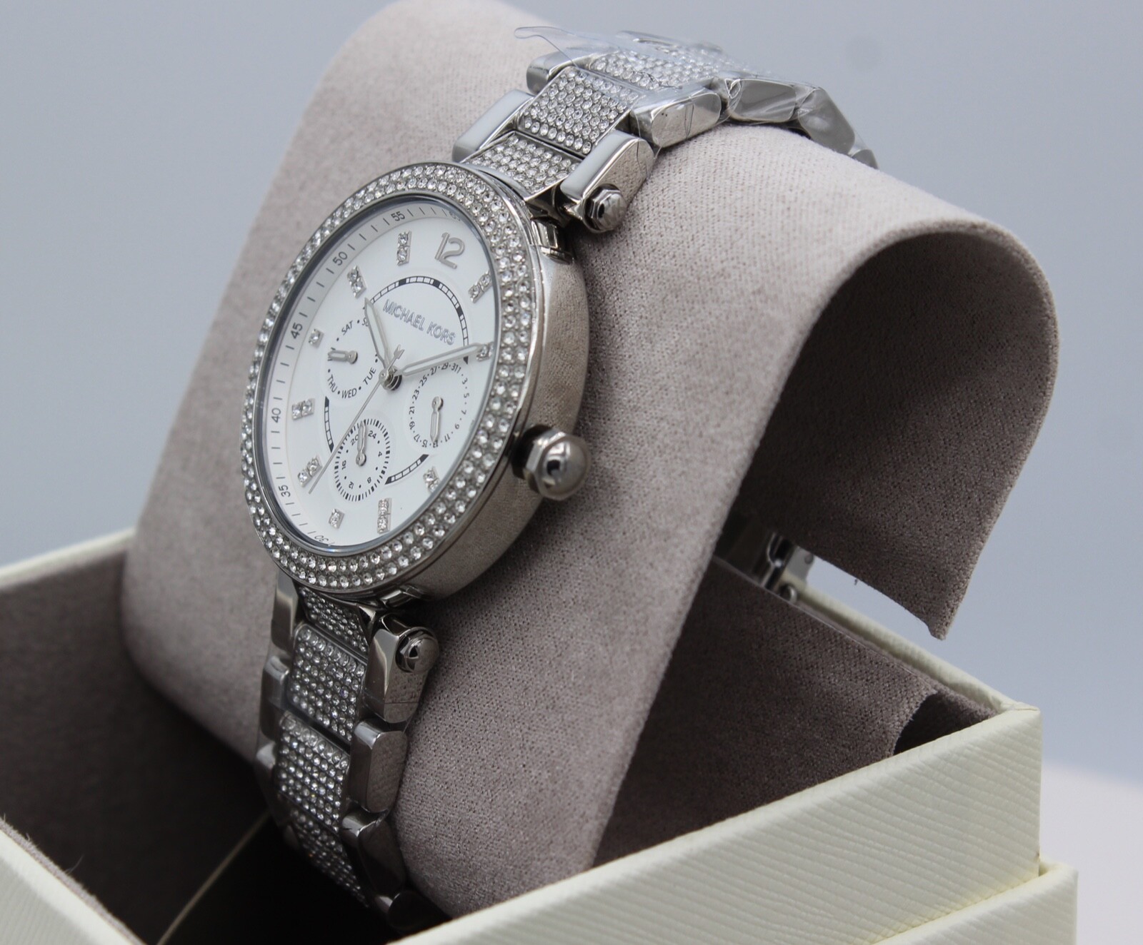NEW AUTHENTIC MICHAEL KORS PARKER SILVER CHRONOGRAPH CRYSTALS WOMEN MK6759 WATCH
