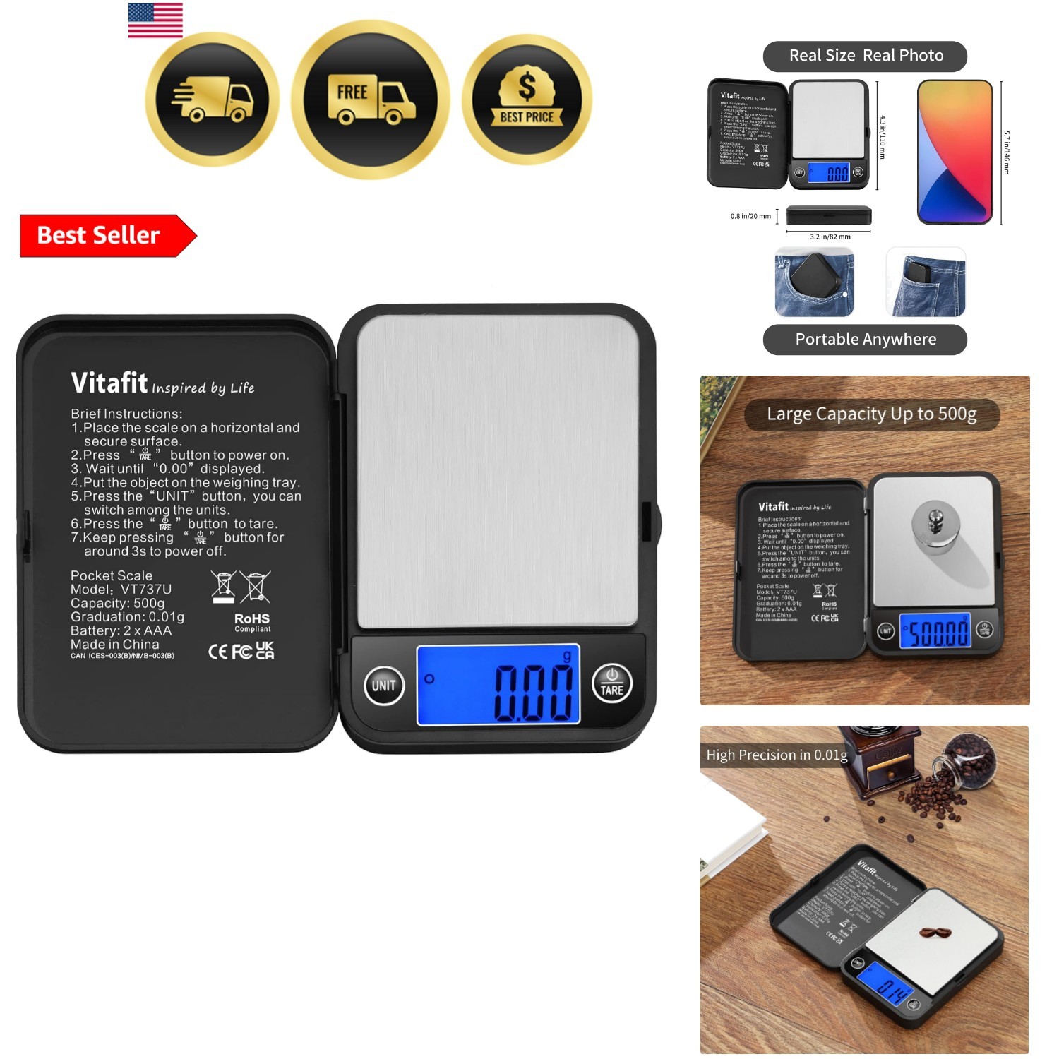 Digital Pocket Scale 500g 0.01g High Accuracy Lab Food Jewelry Mini