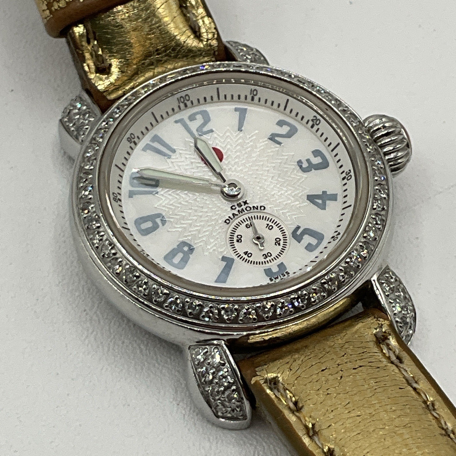 Michele CSX Diamond Bezel Wrist Watch 71-2600 With 3 Extra Bands Gold Pink White