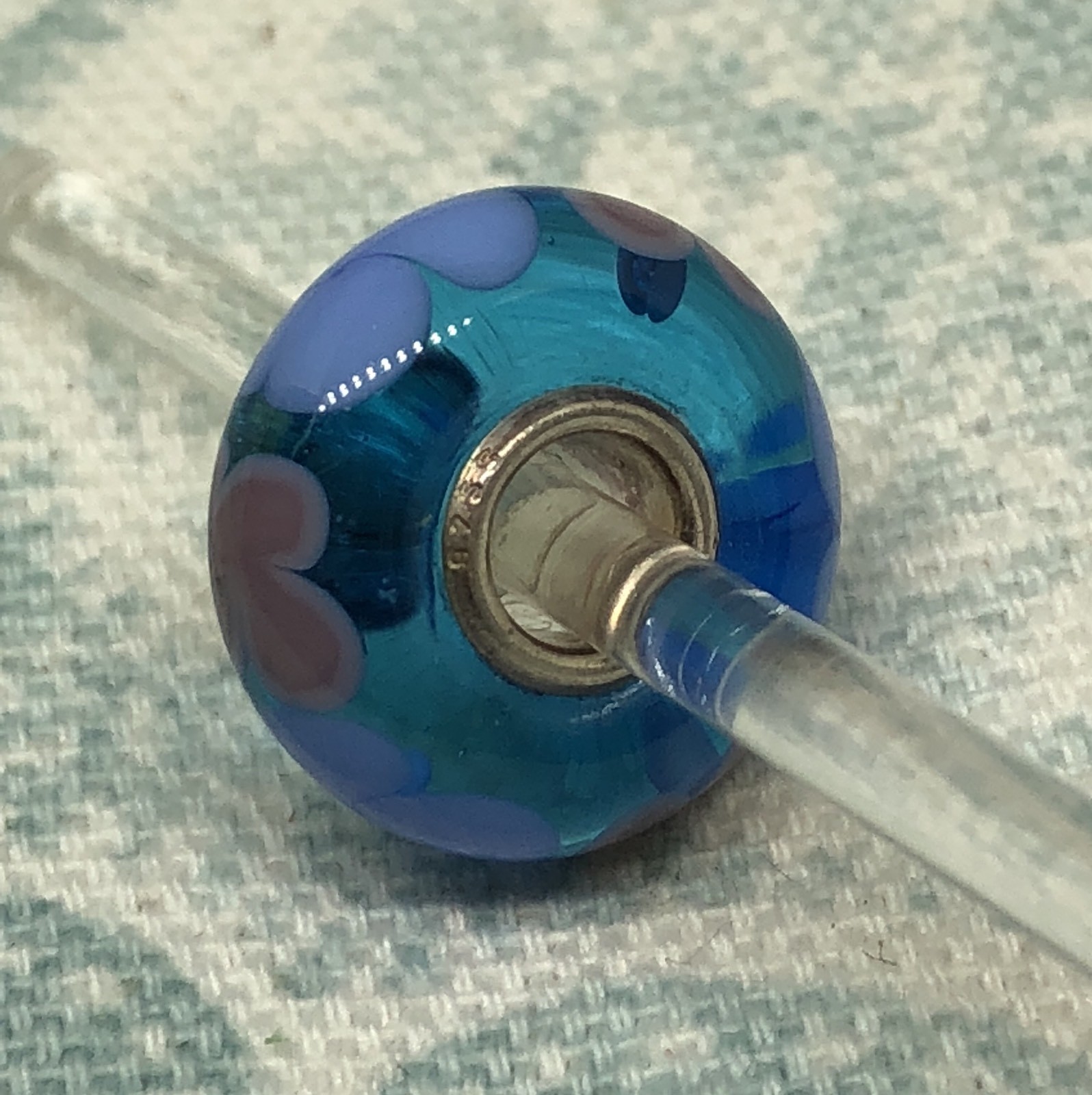 Authentic Trollbeads OOAK Periwinkle & Mauve Flowers on Turquoise UU, New