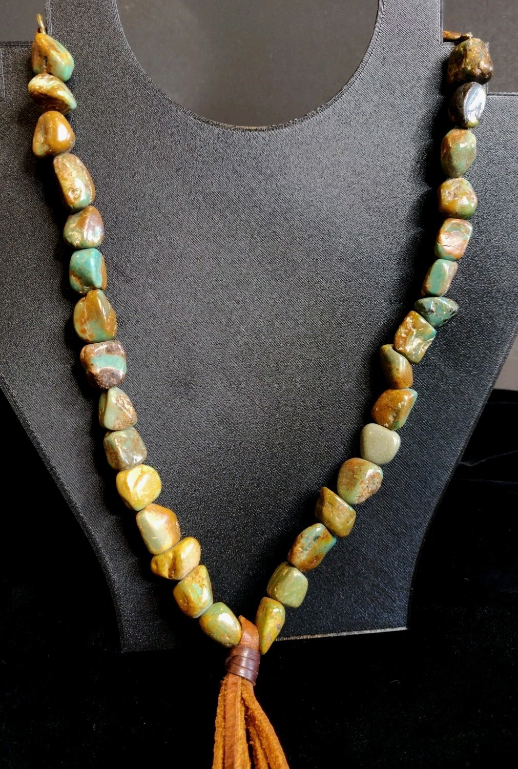 Stone Nugget Necklace Blue Green Brown Matrix Leather Tassel Rustic Boho Long