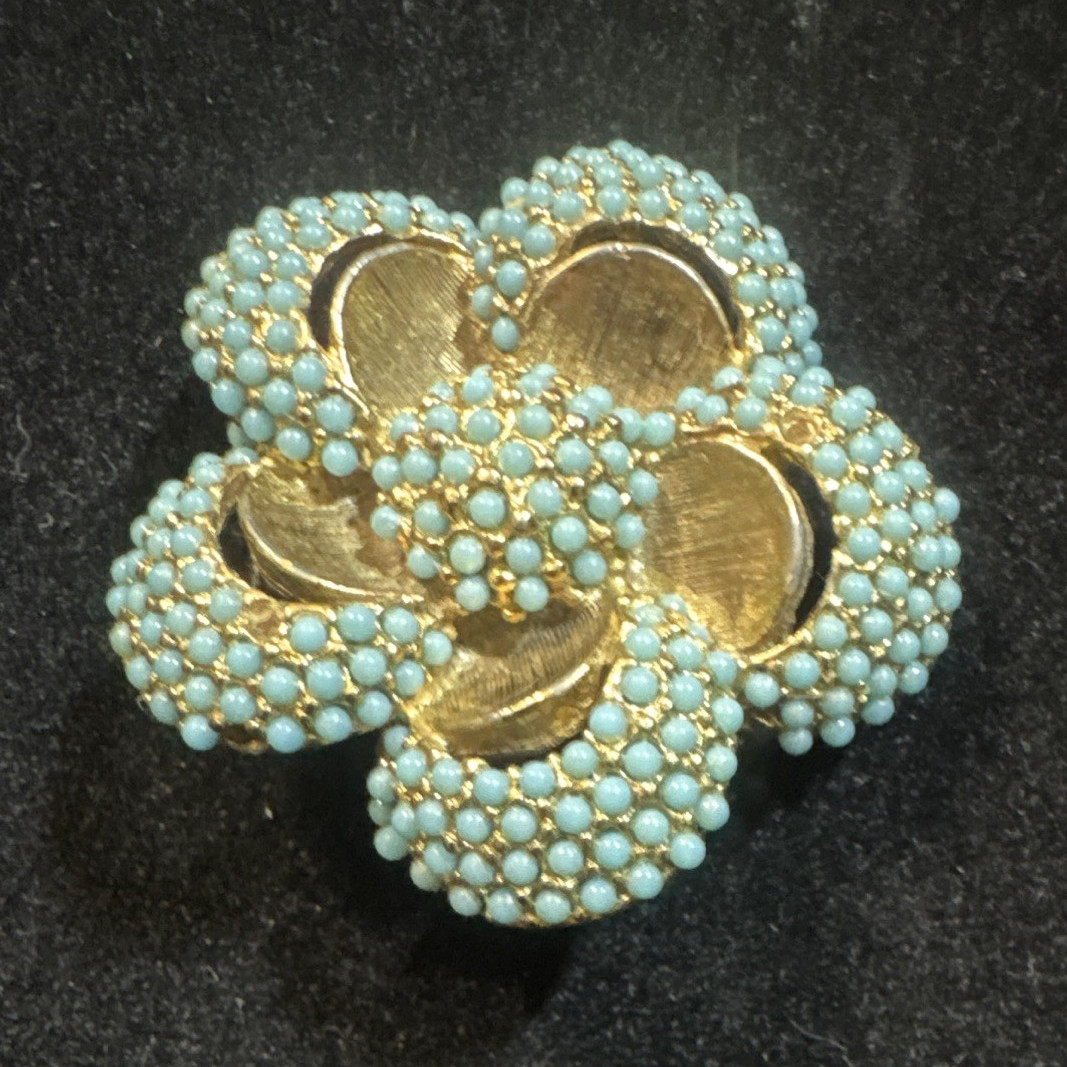 Hattie Carnegie Signed Flower Brooch Pin, Gold Tone Metal, Blue Round Rhinestone