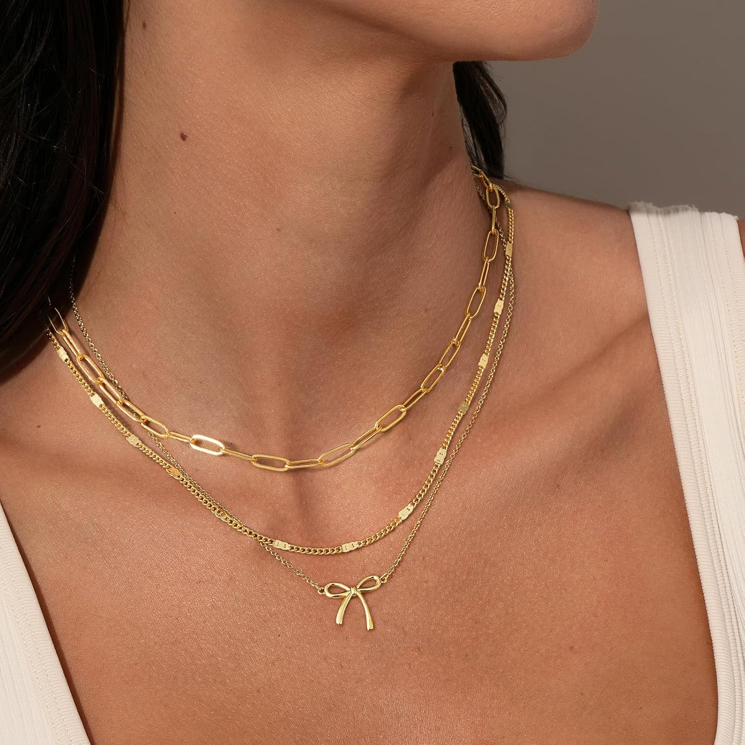 Layered Glod Bow Necklaces for Women 14K Gold Plated Stackable Dainty Choker Nec