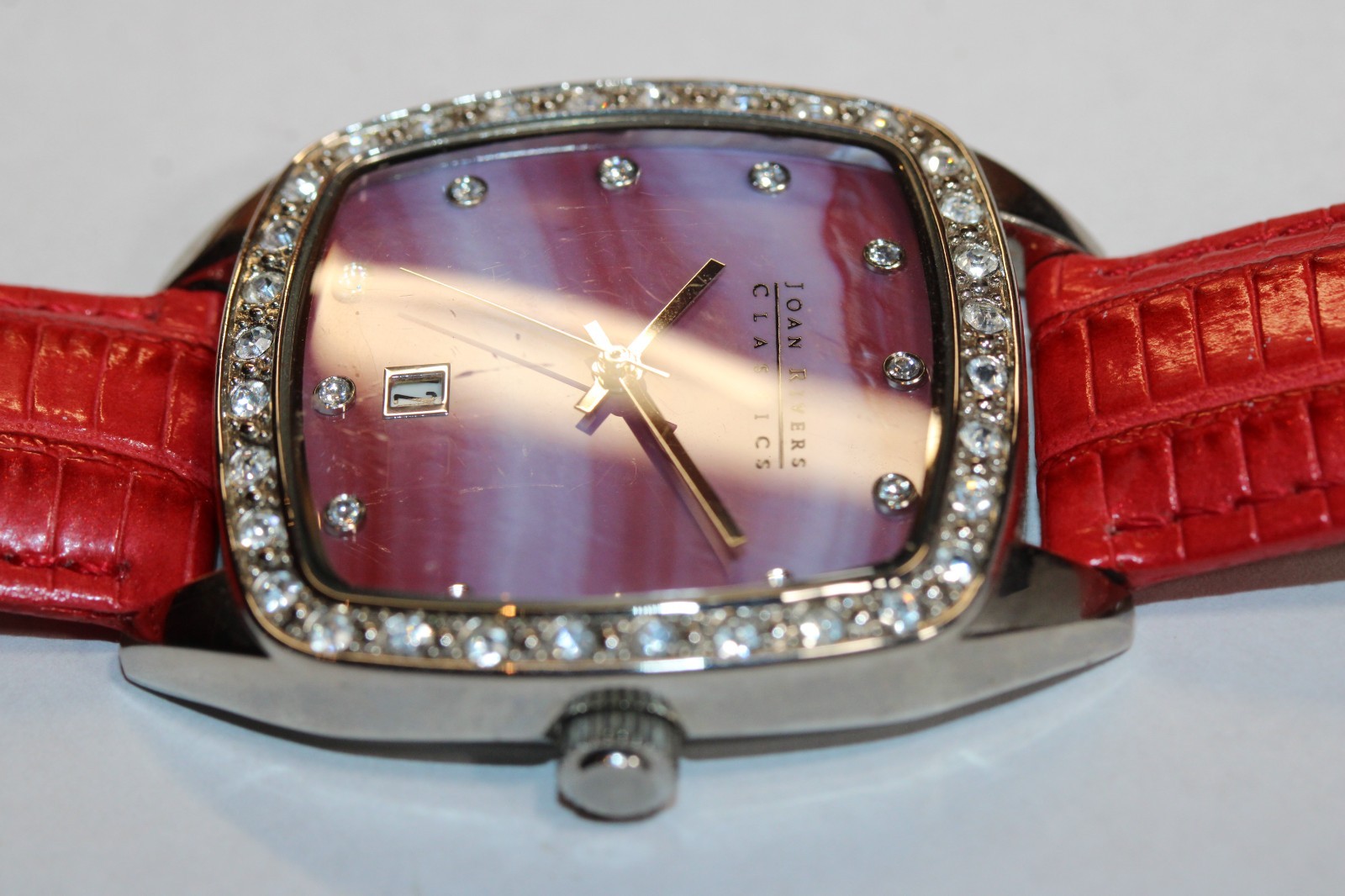 Joan Rivers Classics Watch Womens RED Leather Silver Tone Crystals V377 New Bat