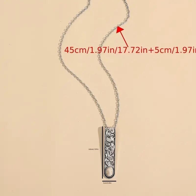 Vintage Simple Long Bar Carved Pendant Necklace Women Silver Plated Zinc Alloy
