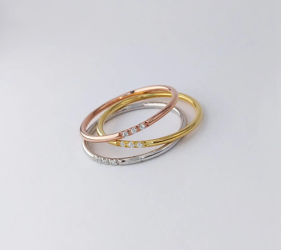 Women Thin 1mm Silver Gold Plated Stainless Steel CZ Inlay Stackable Ring Band
