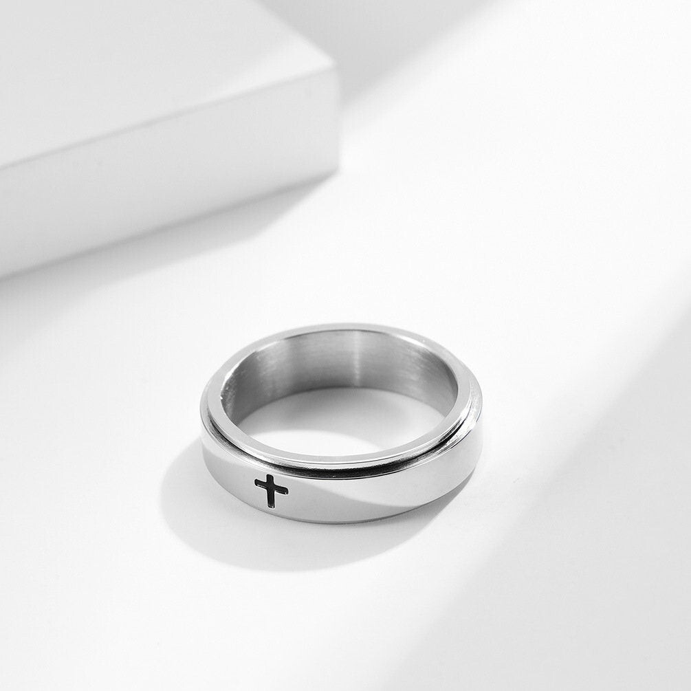 Cross Anxiety Fidget Spinner Band Ring in Stainless Steel