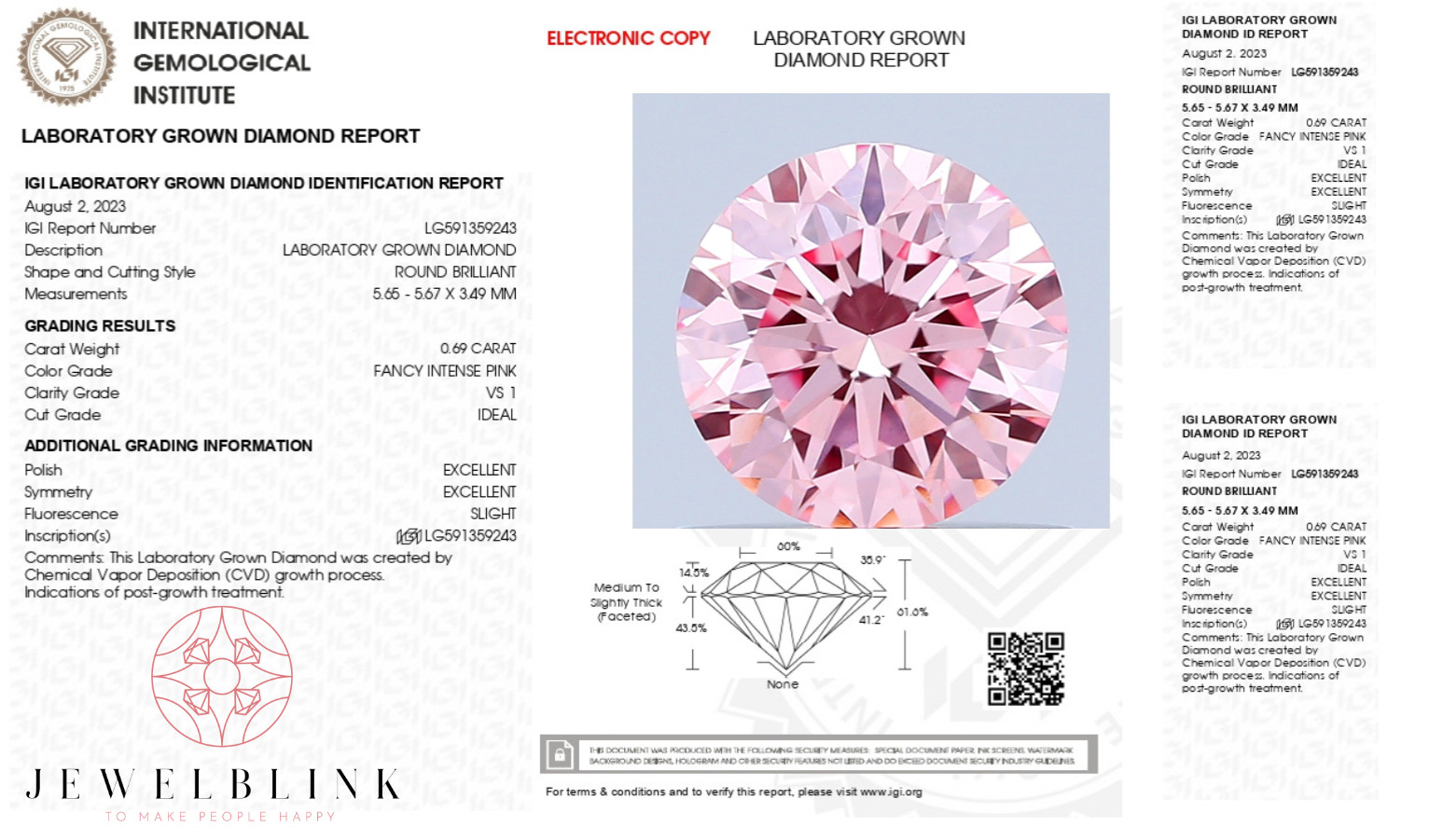 IGI Certified 0.69 Carat Fancy Intense Pink VS1 Round Cut CVD Lab Grown Diamond
