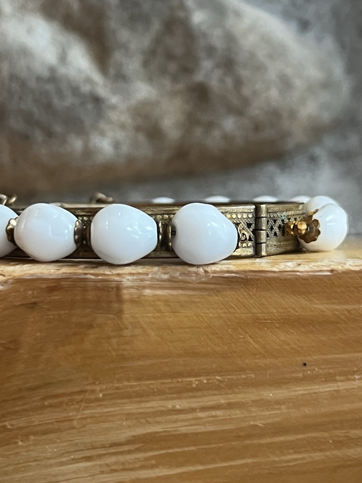 Vintage Miriam Haskell Bracelet 9” Brass Filigree Clasp Glass Beads Safety Chain