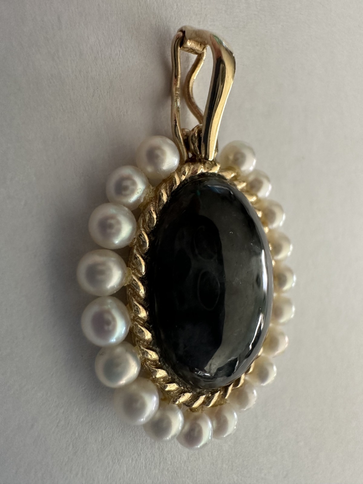 14k Yellow Gold Black/Dark Gray Stone Pearl Pendant Enhancer WV Hong Kong