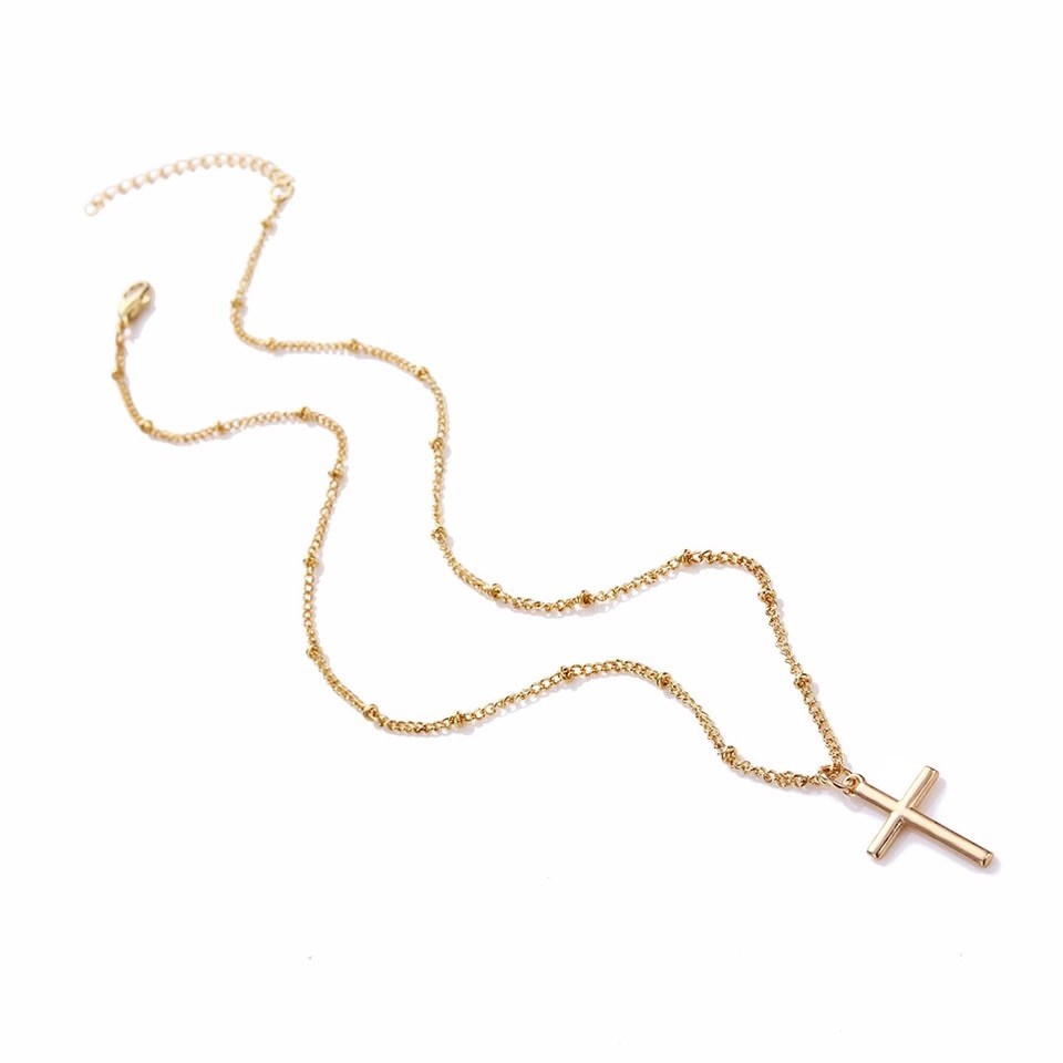 Women Silver or Gold Plated Simple Small Cross Pendant Necklace Beaded Chain N2