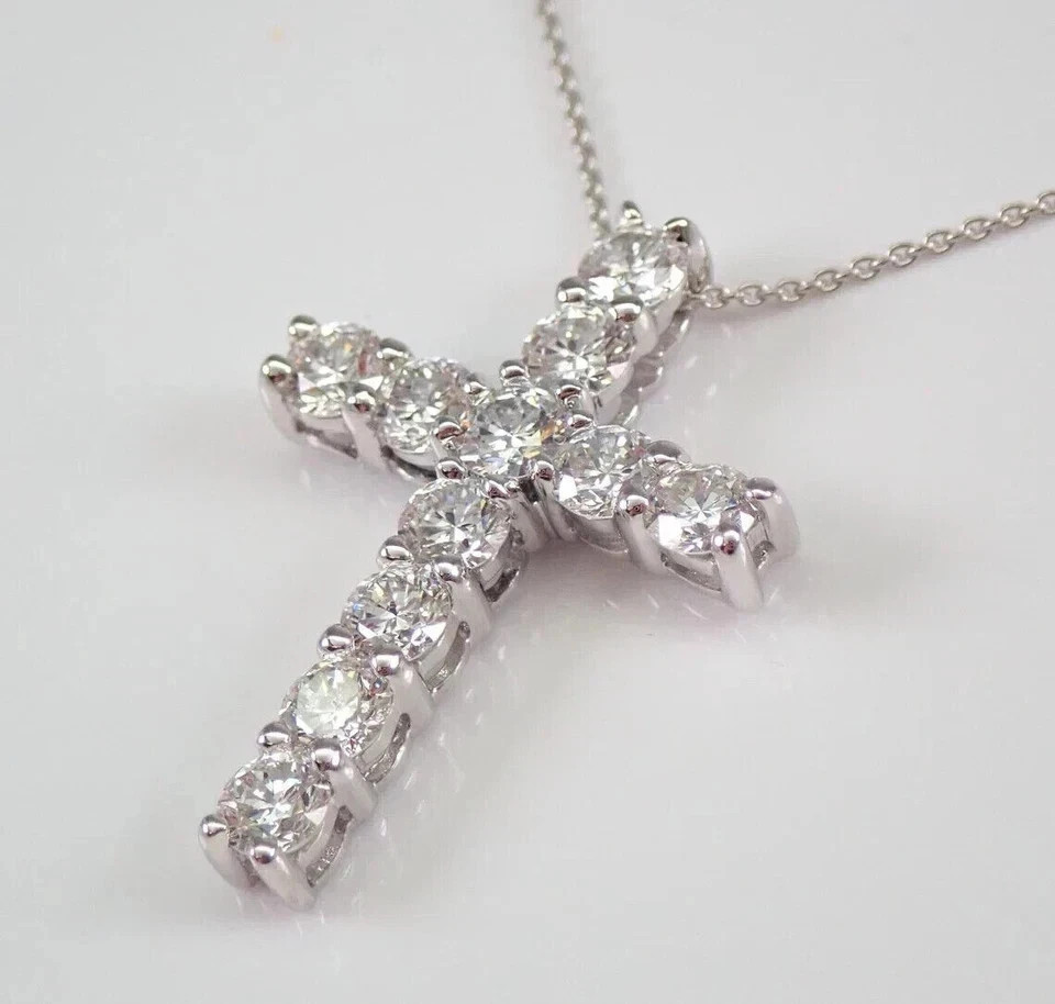 2.80Ct Lab Created Diamond Round Cross Pendant 14K White Gold Plated Free Chain
