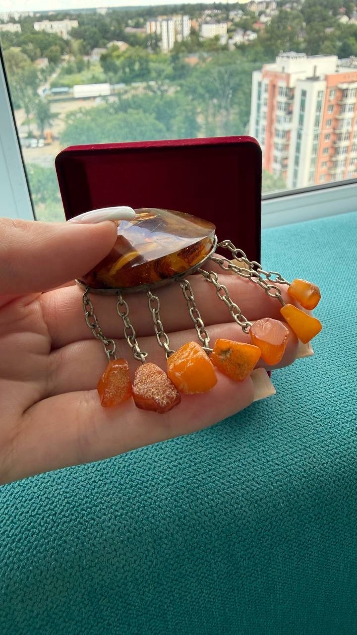Vintage USSR Baltic Amber Mosaic Brooch Dangle Natural Amber 22g Rare