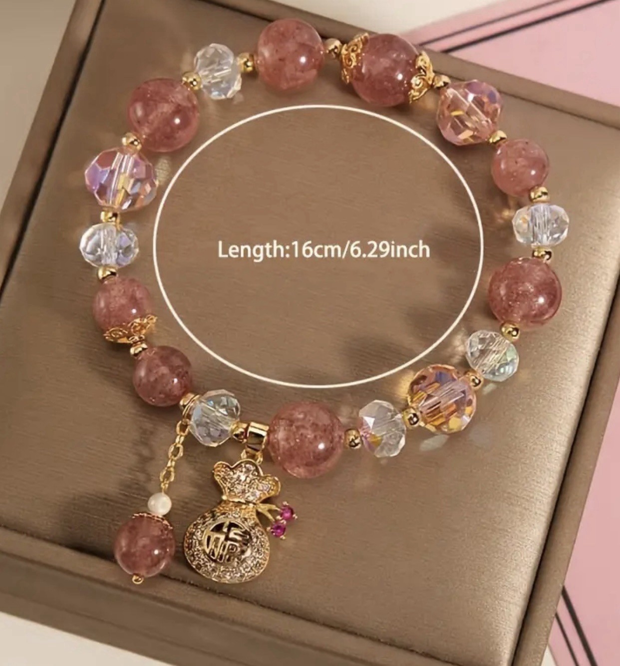Fortune Bag Pendant Pink Beaded Bracelet # 0014 Velvet Box Included.