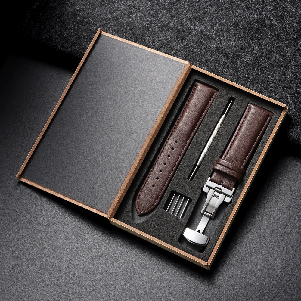 Genuine Leather Strap Watchband with Box Butterfly Clasp Universal Men’s Women