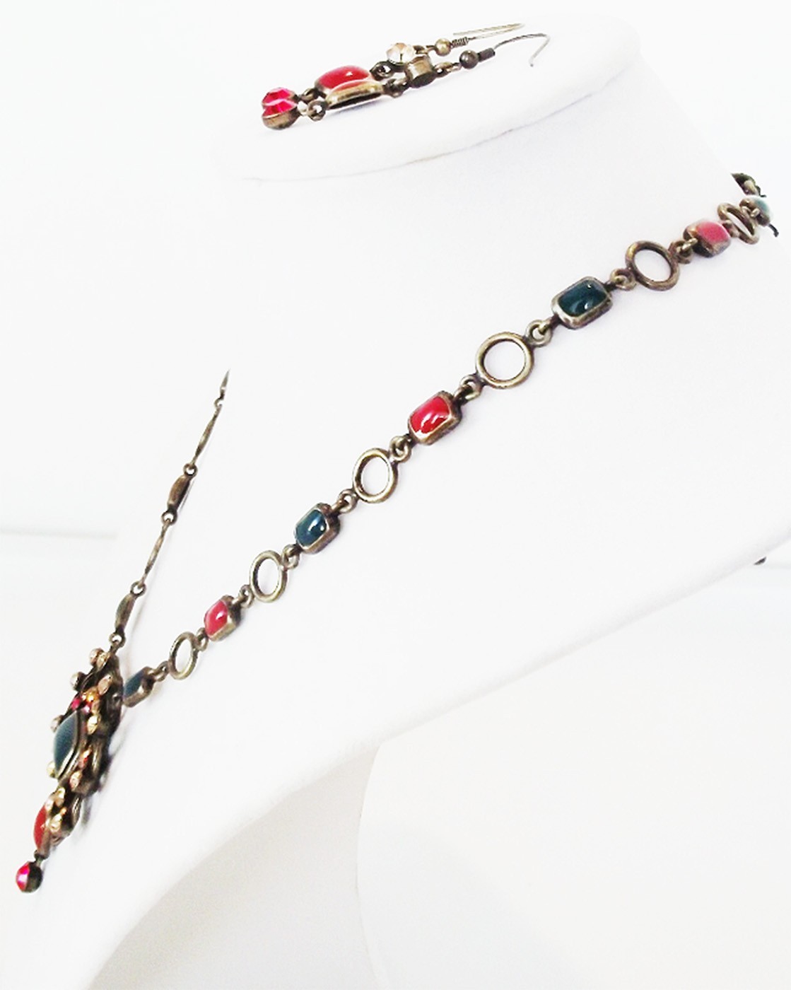 CC 18 in RED GREEN ENAMEL GOLD CRYSTAL FLORAL NECKLACE EARRINGS JEWELRY SET NEW