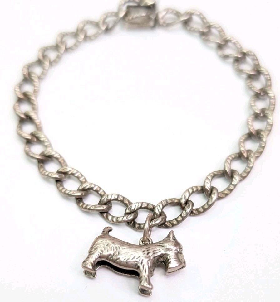 Automade Sterling Silver Charm Bracelet Push Lock Clasp 7-3/4 Inch Scottie Dog