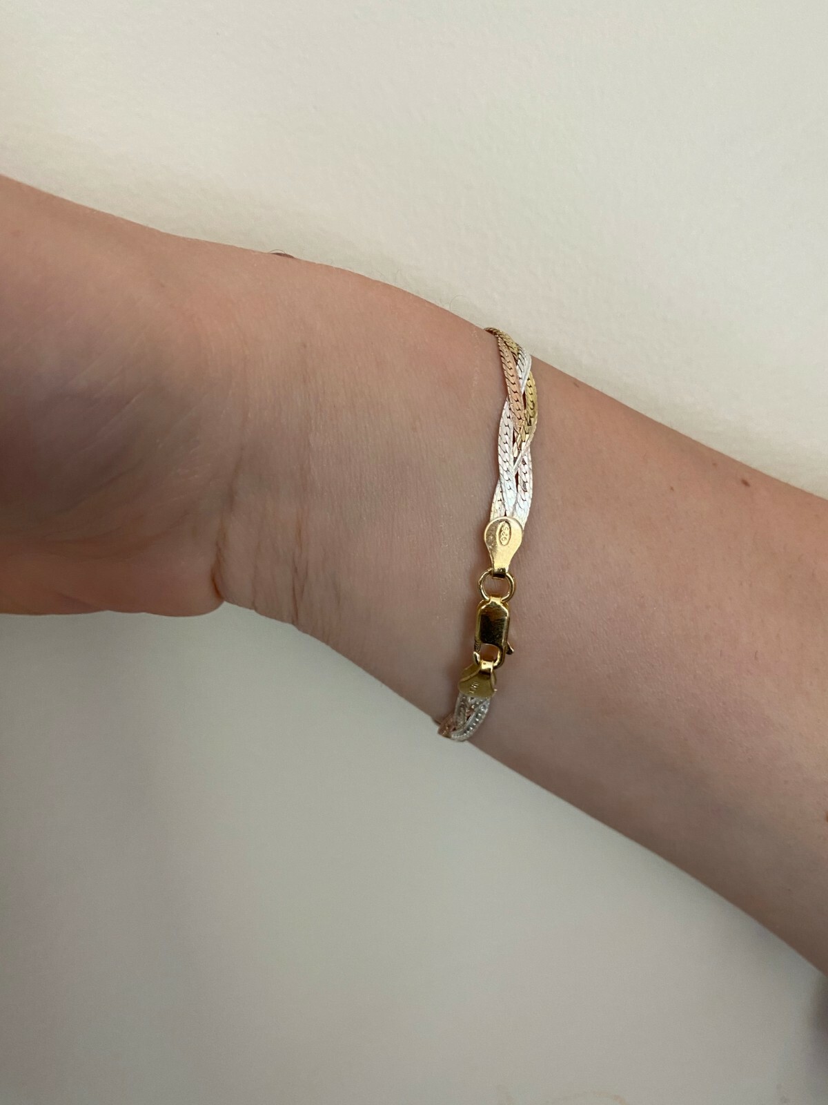 925 Silver TriColor Yellow Rose Gold Plated Twisted Braided Herringbone Bracelet
