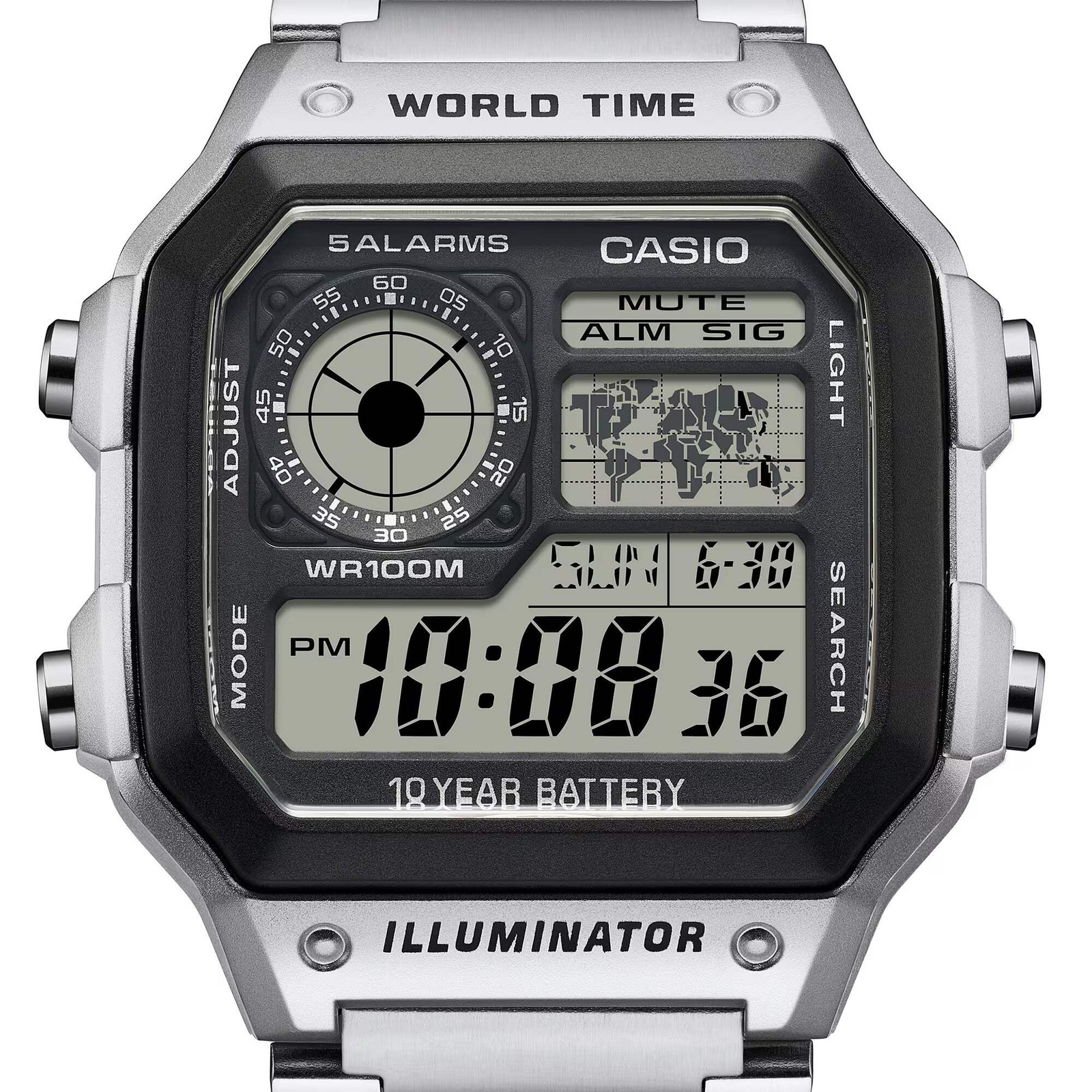 CASIO AE-1200WHD-1A AE-1200WHD-1AV CASIO ROYALE SILVER DIGITAL WATCH
