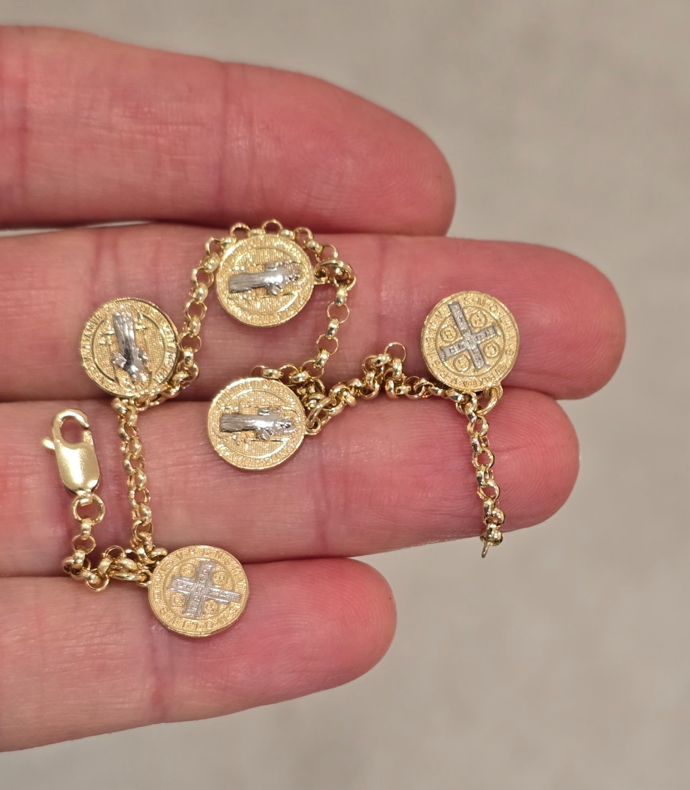 14k 2 Tone Gold San Benito Saint Benedict Rolo Chain Protection Bracelet