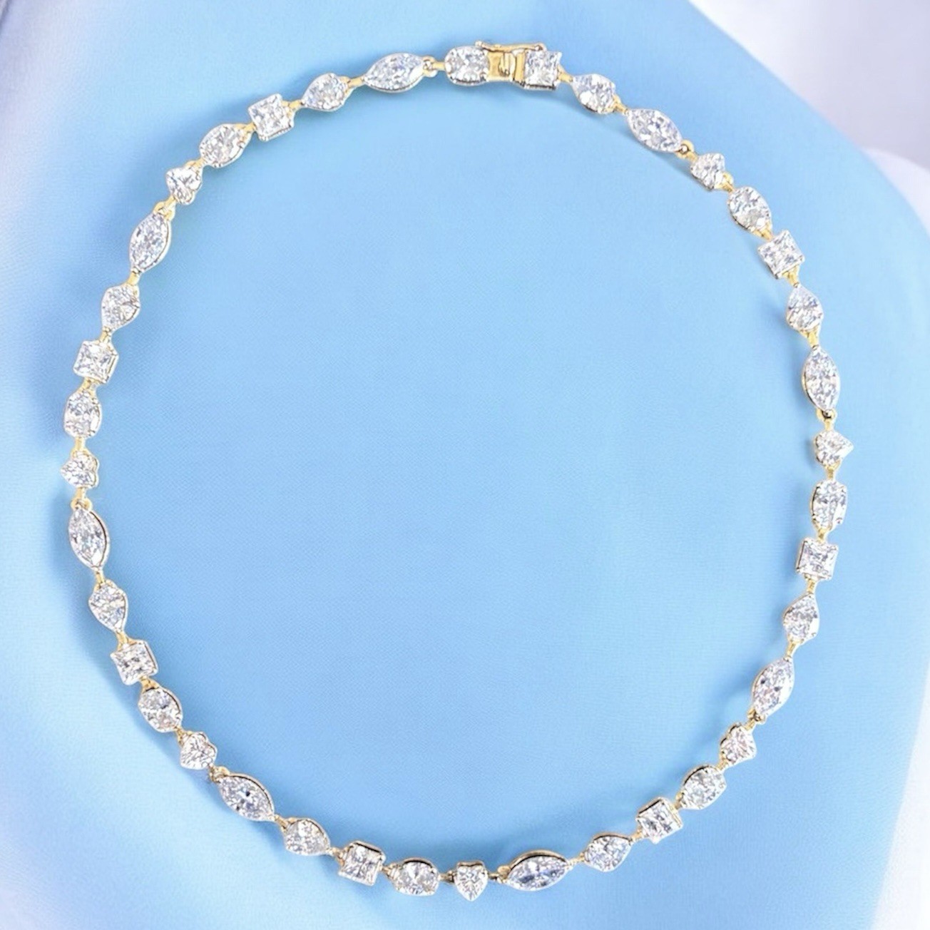 Statement Choker Tennis Necklace Multi-Cut Stones 14K Yellow Gold Plated