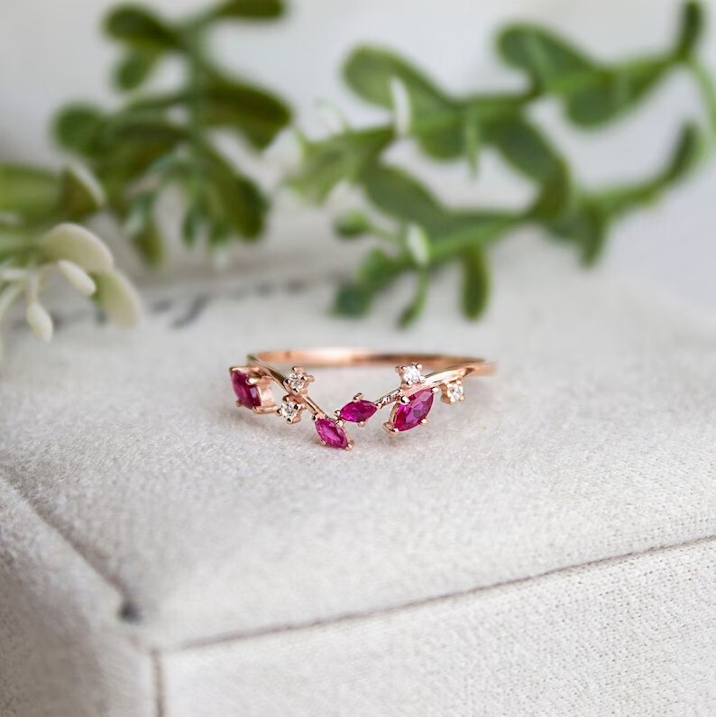 Gorgeous Wedding Band Ring Marquise Cut Simulated Pink Ruby 14K Rose Gold Plated