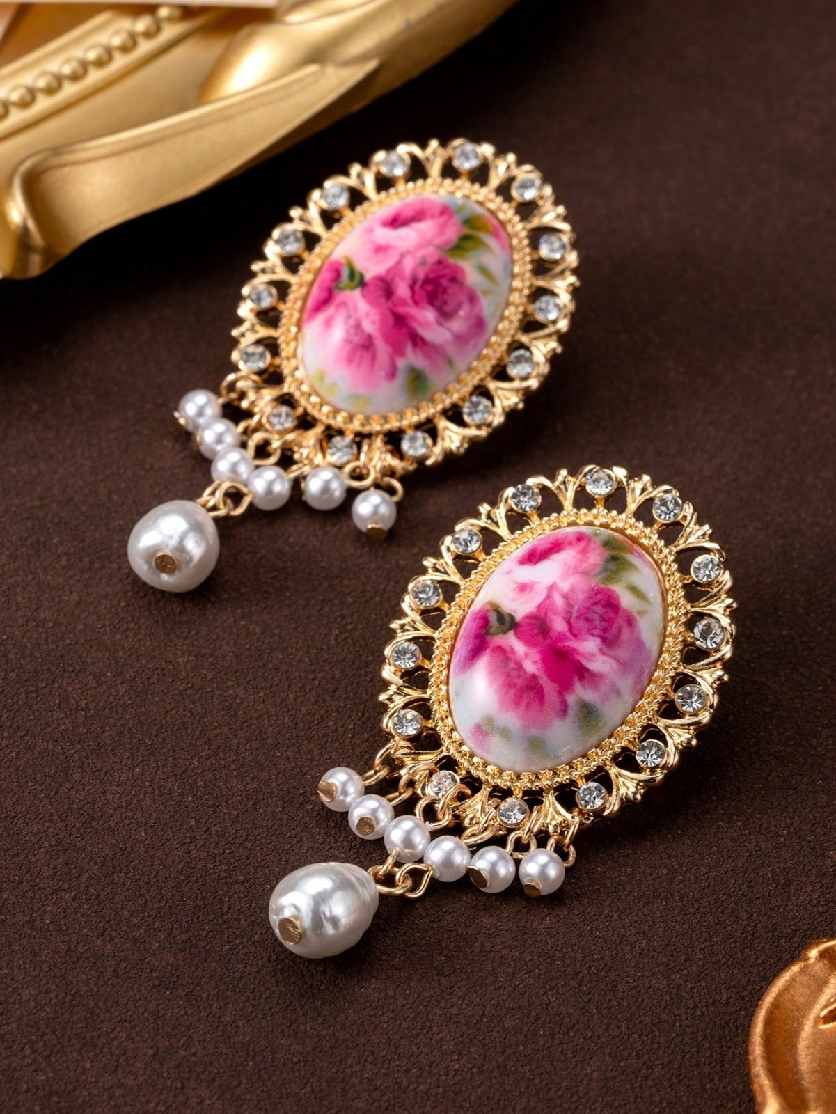 Vintage Floral Cameo Pearl Dangle Earrings Gold Rhinestone Statement Jewelry